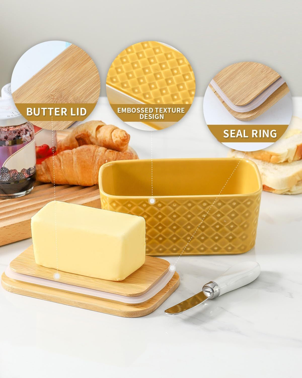 Ceramic Butter Dish with Sealing Lid, Large Yellow Butter Container for Countertop Airtight Butter Stick Covered Keeper Storage