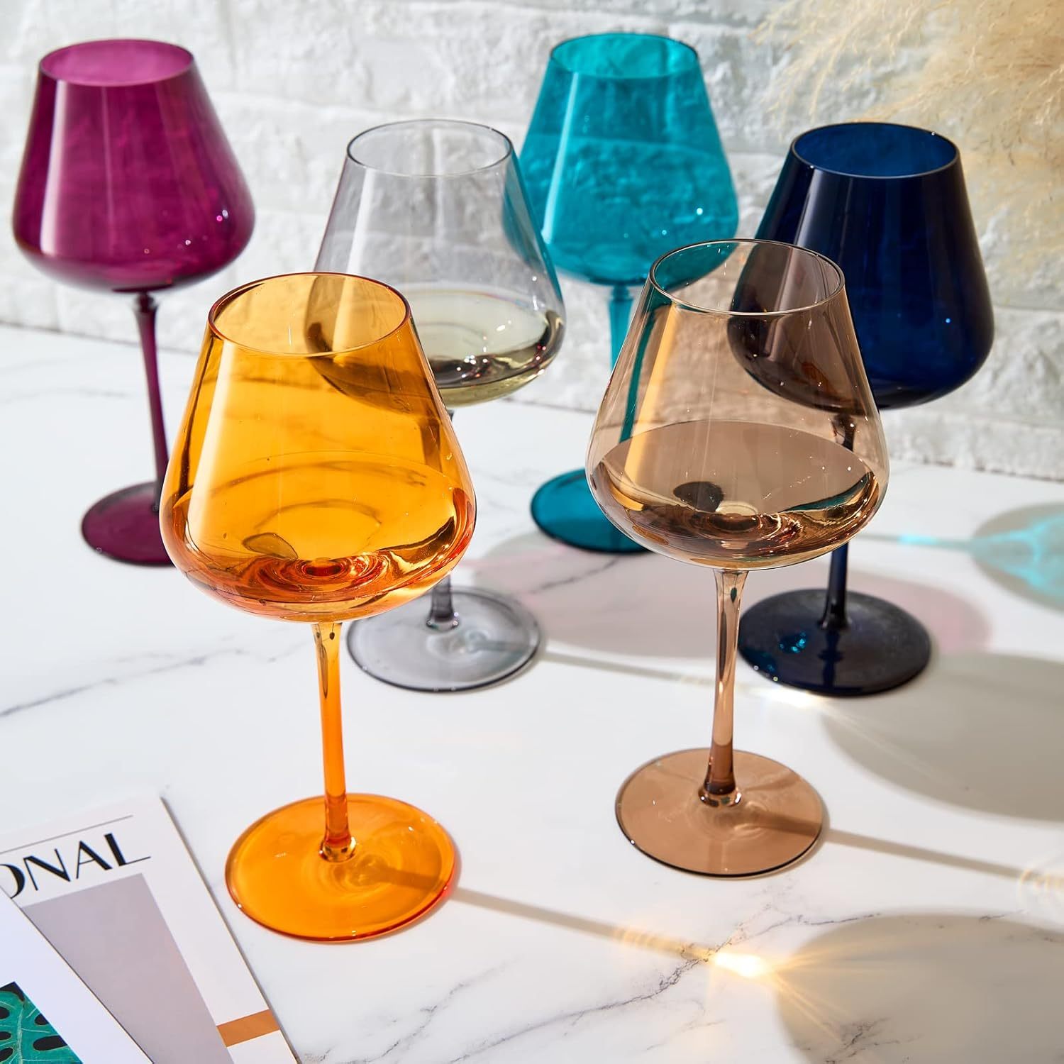 Jewel Colored Crystal Wine Glass Set of 6, Gift For Mothers, Her, Wife, Friend - Winter & Fall Colors 20 oz Glasses