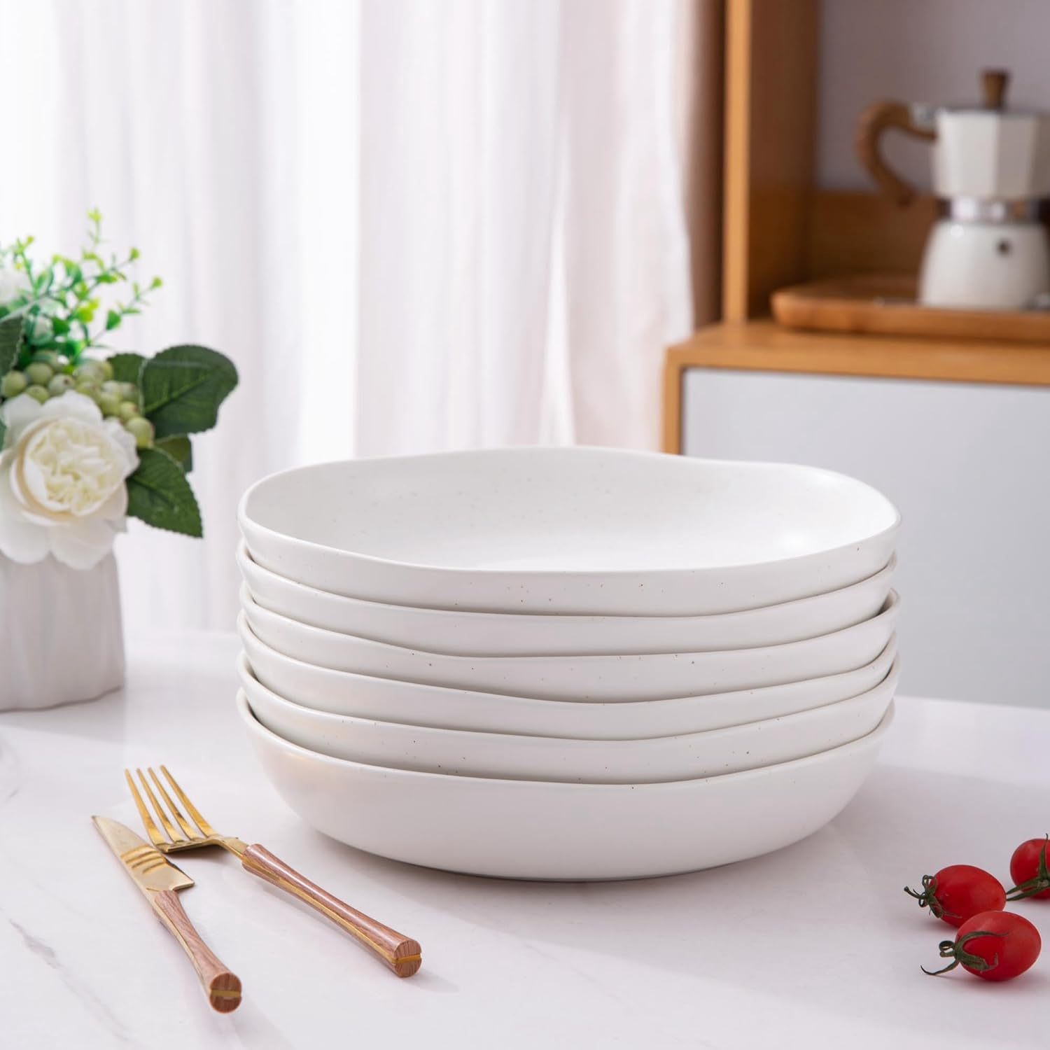 9.75'' Speckled Large Ceramic Pasta Bowls, 38oz Stoneware Bowls Set of 6, Oven, Microwave&Dishwasher Safe Bowls with Wavy Rim for Fruit Pasta Salad Meal, Matte Speckled White