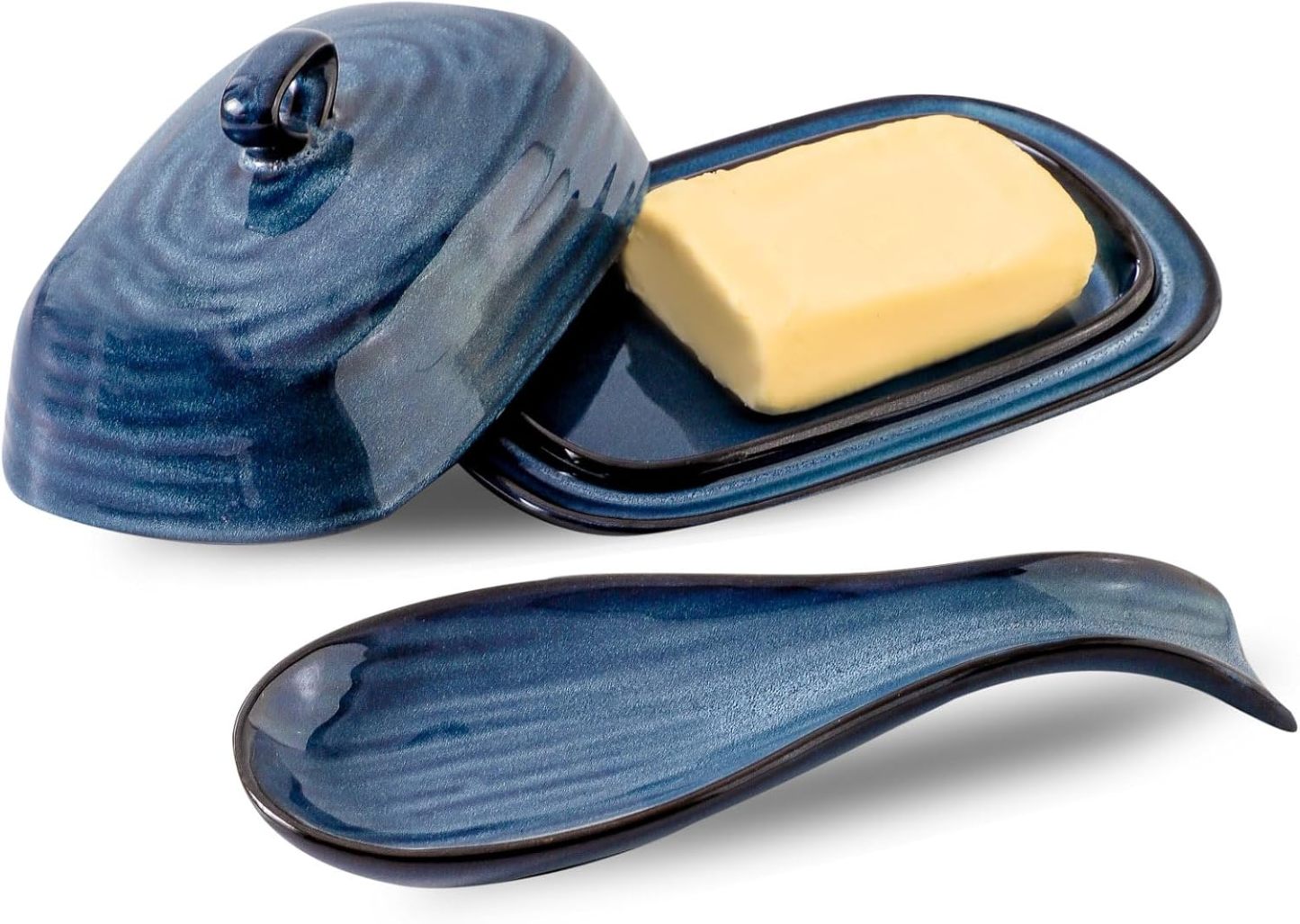 Butter Dish with Lid and Ceramic Spoon Rest Set for Countertop, 2 Pieces Navy Reactive Glaze Dinnerware Accessories Set Perfect for Home Decor