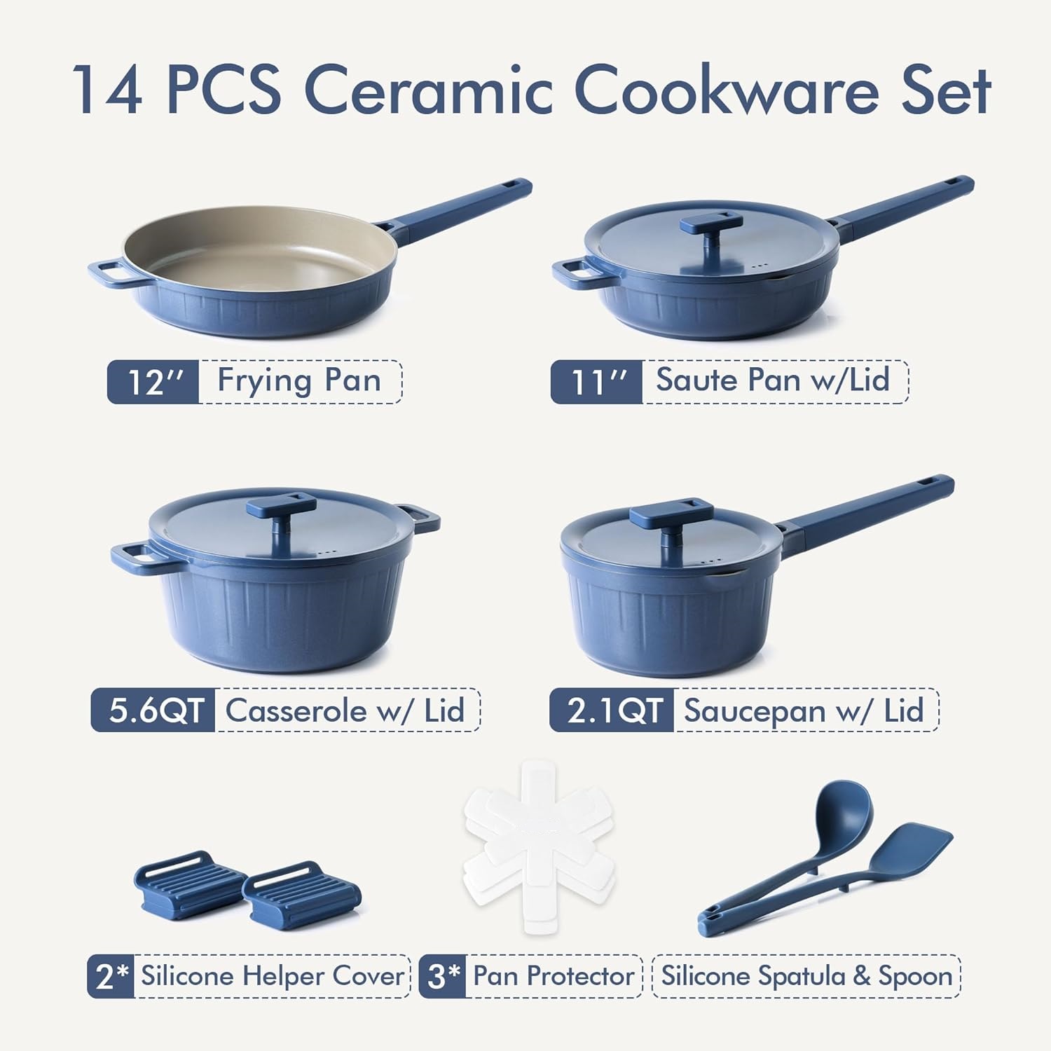 Ceramic Cookware Set, Pro Series Pots and Pans Set Nonstick, Non-toxic Healthy Induction Cookware, 14 Pcs Non Stick Kitchen Cooking Set w/Die-cast Lids, PFOA PFAS PTFE Free, Dishwasher Safe