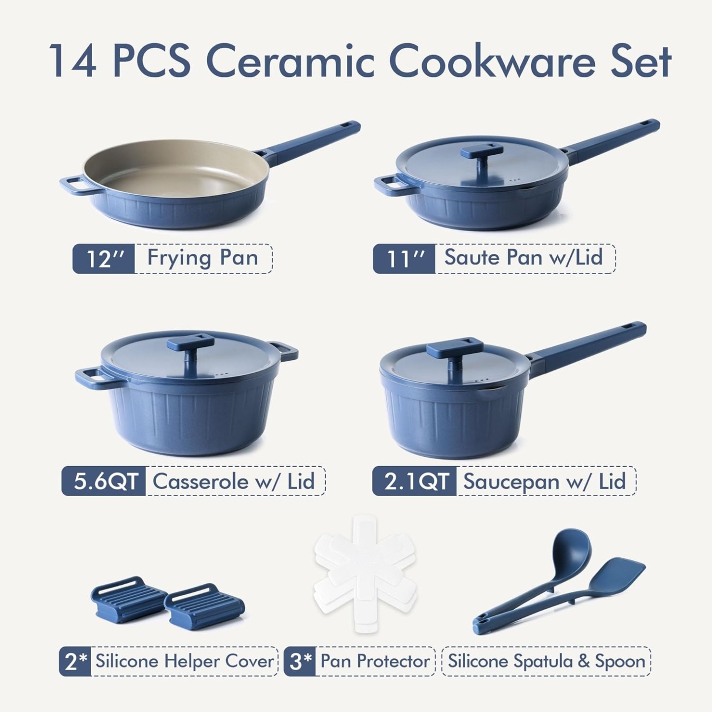 Ceramic Cookware Set, Pro Series Pots and Pans Set Nonstick, Non-toxic Healthy Induction Cookware, 14 Pcs Non Stick Kitchen Cooking Set w/Die-cast Lids, PFOA PFAS PTFE Free, Dishwasher Safe