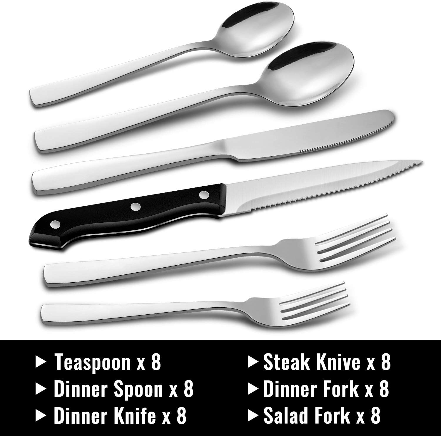 48-Piece Silverware Set with Steak Knives for 8, 18/8 Stainless Steel Flatware Cutlery Set For Home Kitchen Restaurant Hotel, Kitchen Utensils Set, Mirror Polished, Dishwasher Safe