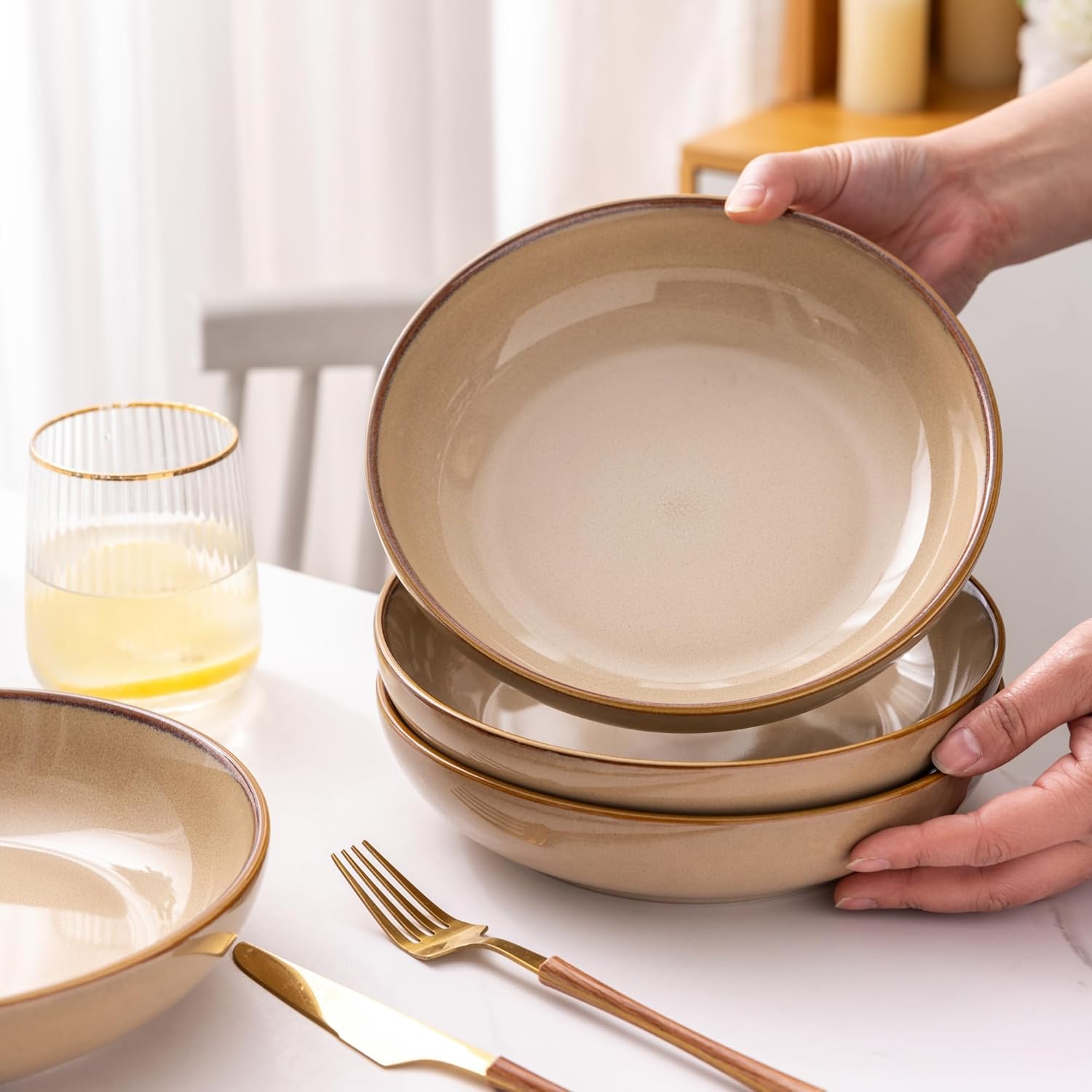 8.5'' Large Pasta Bowls, 36oz Ceramic Pasta Serving Bowls Set of 4 for Kitchen, Wide Bowls for Pasta,Salad,Oatmeal, Microwave Safe, Reactive Glaze-Latte