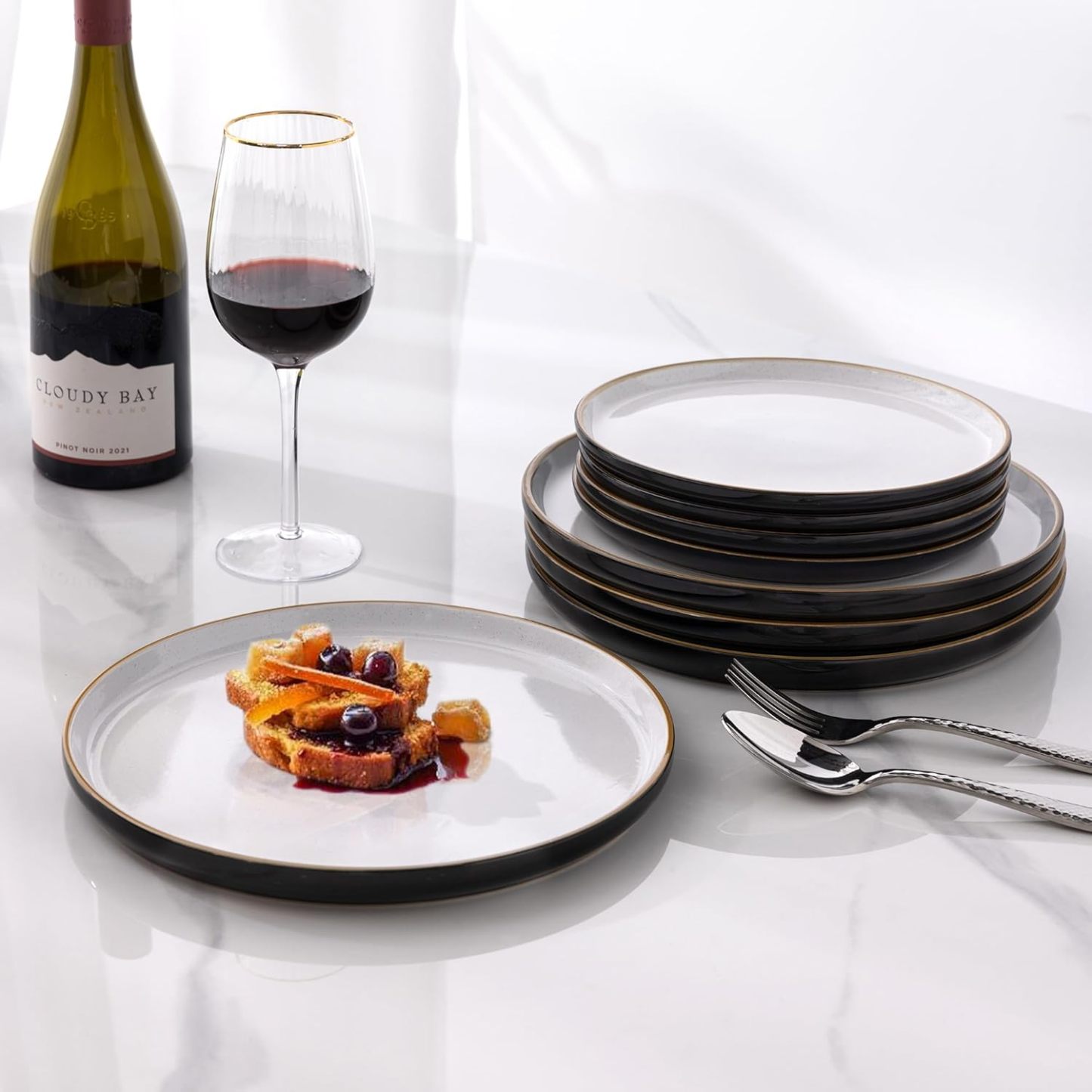 Dinnerware Set, 12 Pieces Ceramic Plates and Bowls Set, Stoneware Plates Set Handpainted, Dishwasher & Microwave Safe Dishes Set (Speckled Black & White, Service for 4)