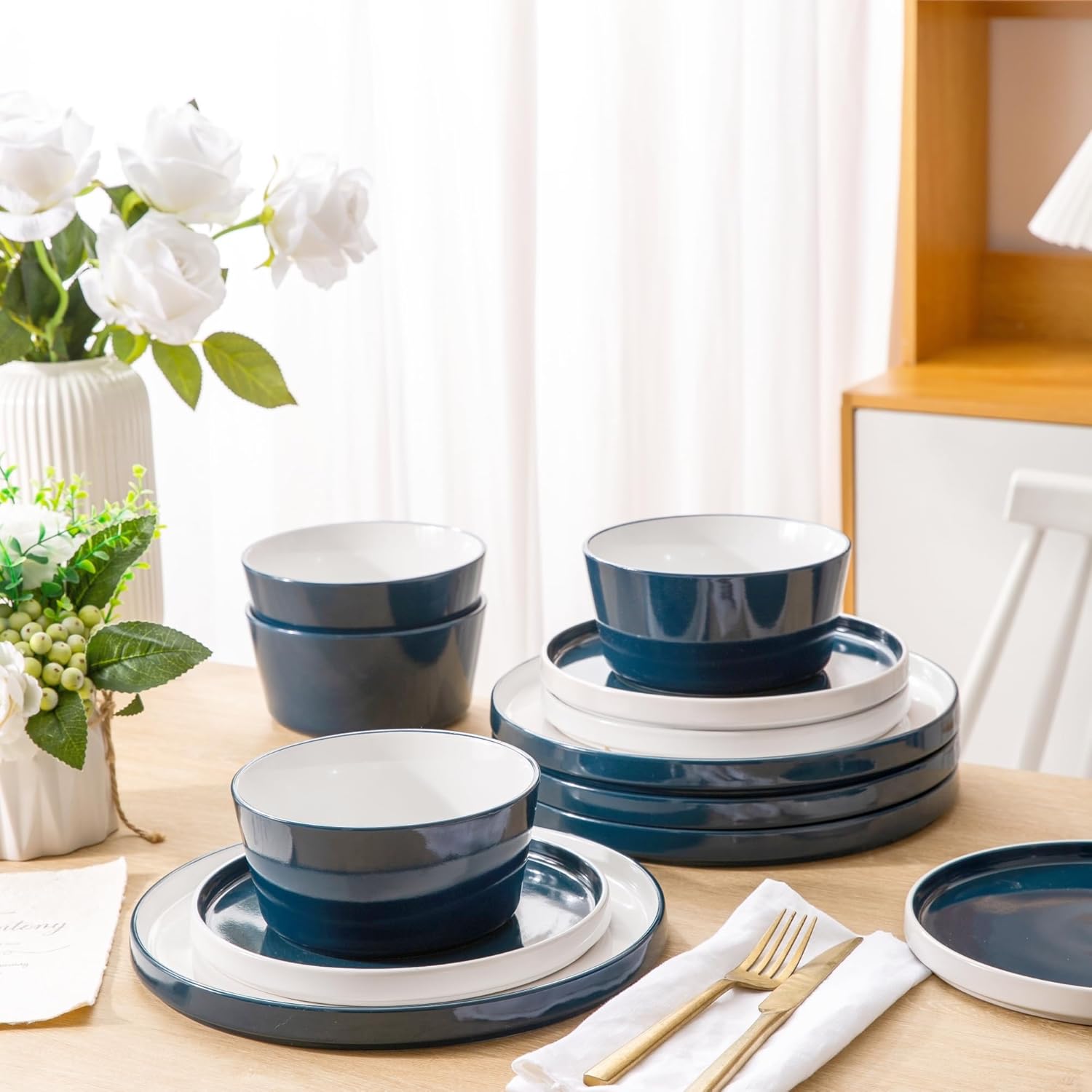 Dinnerware Sets for 6, 18 Piece Stoneware Plates and Bowls Set, Chip and Crack Resistant Plates Set, Dishwasher & Microwave Safe Ceramic Dishes Set - (Blue and White, Service for 6)