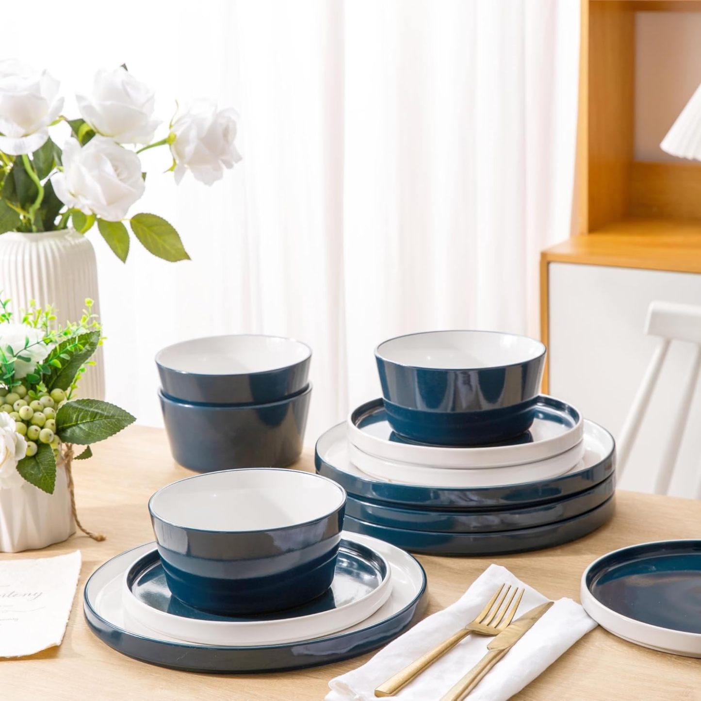 Dinnerware Sets for 6, 18 Piece Stoneware Plates and Bowls Set, Chip and Crack Resistant Plates Set, Dishwasher & Microwave Safe Ceramic Dishes Set - (Blue and White, Service for 6)