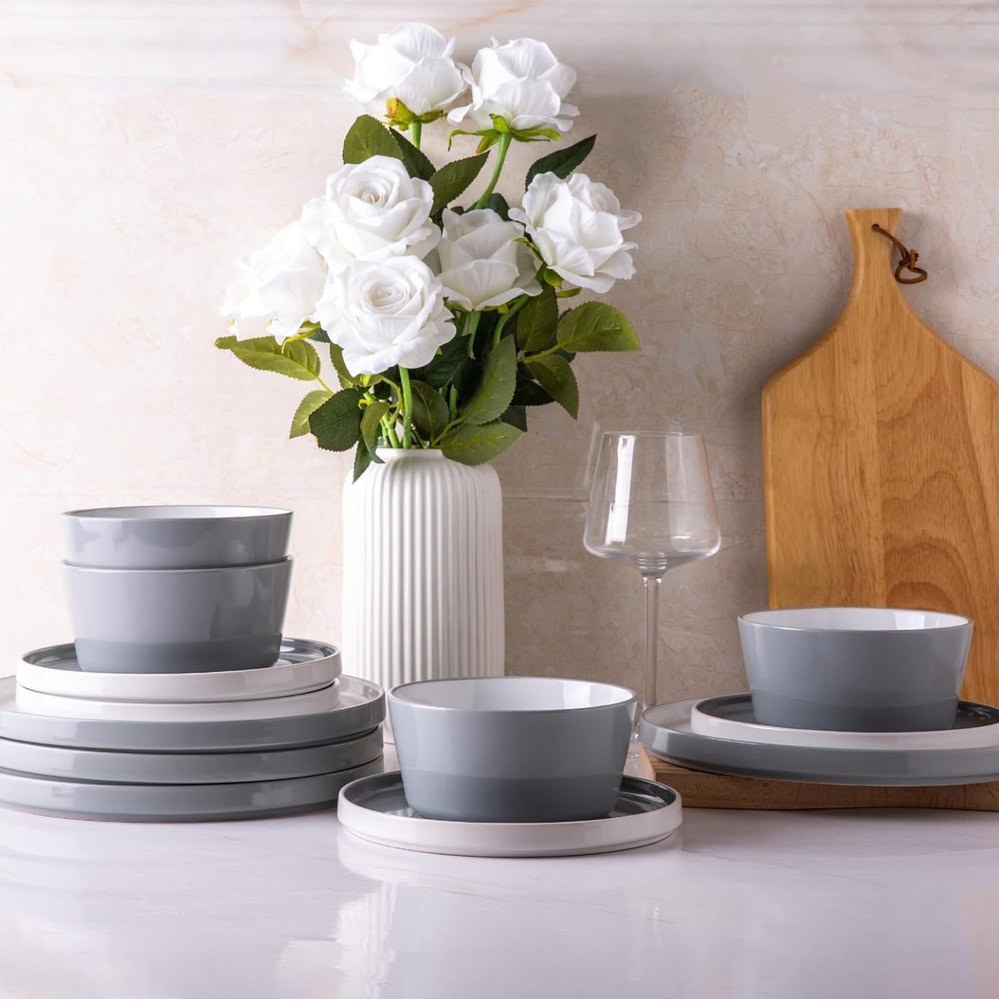 Dinnerware Sets for 4, 12 Piece Stoneware Plates and Bowls Set, Chip and Crack Resistant Plates Set, Dishwasher & Microwave Safe Ceramic Dishes Set - (Grey and White, Service for 4)