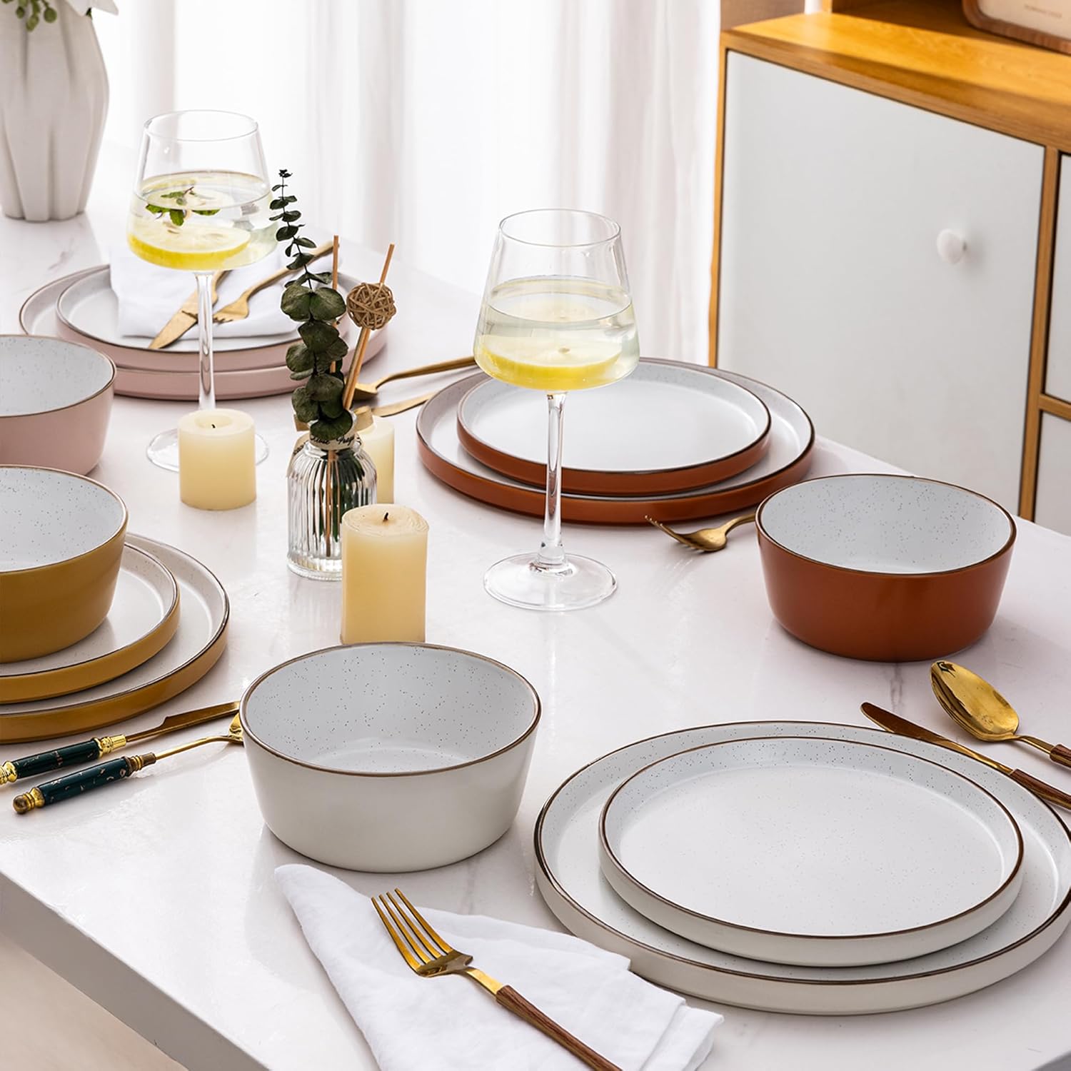 Dinnerware Set for 4, 12 Pieces Ceramic Plates and Bowls Set, Handcrafted Speckled Stoneware Plates Set, Dishwasher & Microwave Safe Dishes Set- (Multicolor, Service for 4)