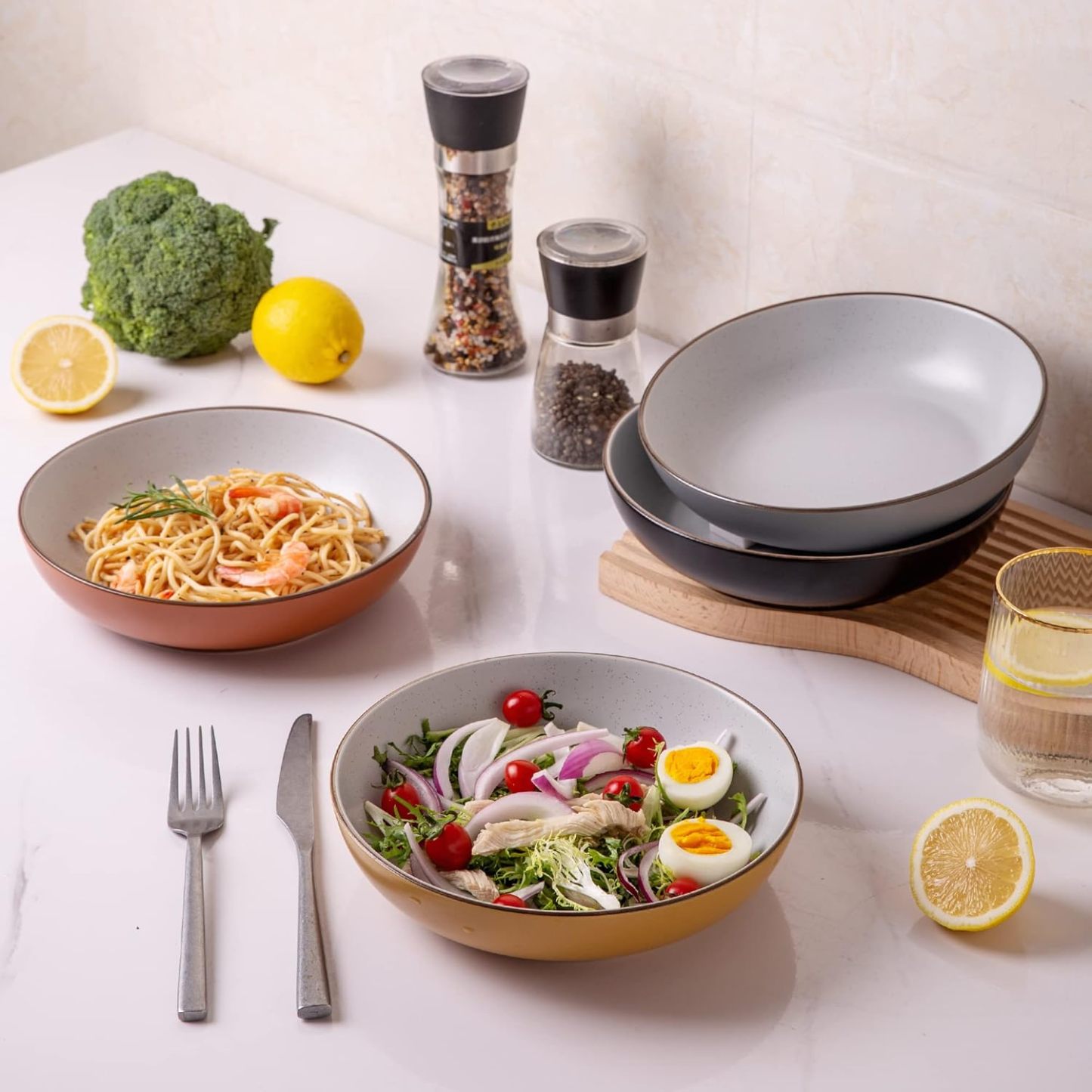 8.5'' Stoneware Pasta Bowls, 32oz Large Speckled Bowls Set of 4 for Kitchen, Wide Bowls for Pasta,Salad,Oatmeal, Microwave&Dishwasher Safe, Mullti-color