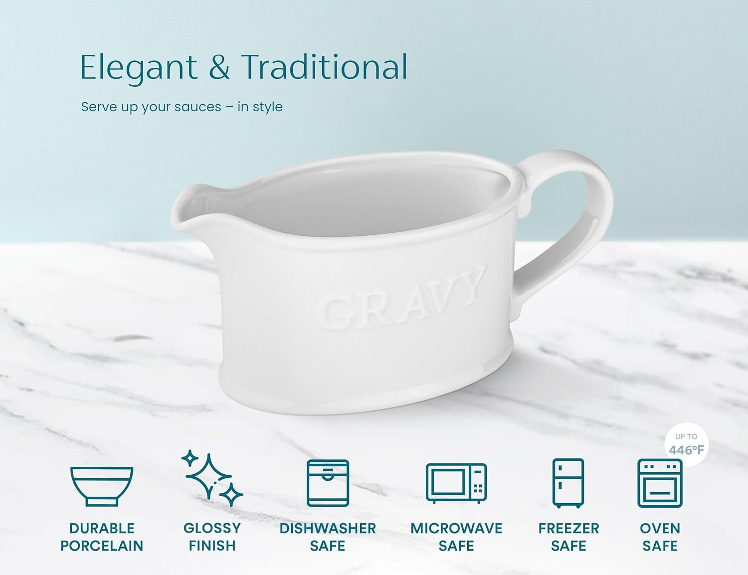 Ceramic Gravy Boat, Serving Dispenser, Porcelain Pitcher for Sauces, Dressings and Creamer, Large Handle, Microwave and Dishwasher Safe, 18 oz, White