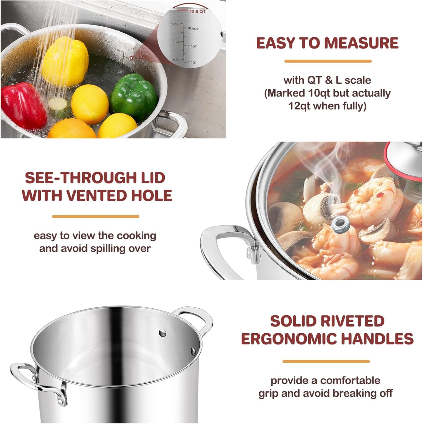 12 Quart Stock Pot, Stainless Steel Tri-ply Stockpot Large Pasta Soup Cooking Pot with Clear Lid, for Induction Gas Electric Ceramic, Healthy & Heavy Duty, Solid Handles & Dishwasher Safe