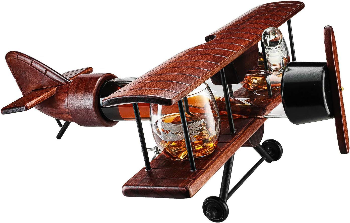 Whiskey & Wine Decanter Airplane Set and Glasses Antique Wood Airplane - The Wine Savant Whiskey Gift Set and 2 Airplane Glasses