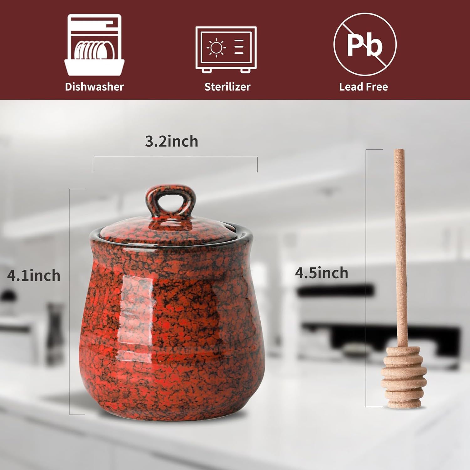 Ceramic Honey Jar and Dipper Set, 12 Ounce Honey Pot with Lid and Wooden Dipper, Porcelain Honey Dipper Stick and Jar Set