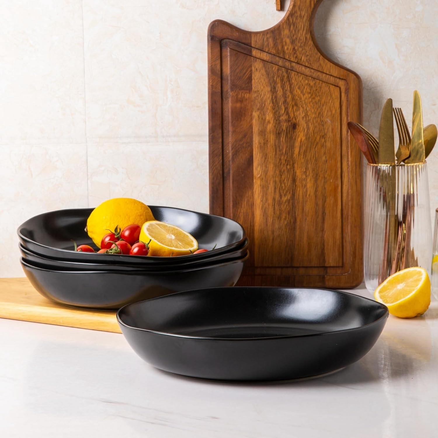 9.75'' Ceramic Large Pasta Bowls, 38oz Stoneware Flat Serving Bowls Set of 4, Oven,Microwave&Dishwasher Safe Bowls with Wavy Rim for Fruit Pasta Salad Meal, Matte Black