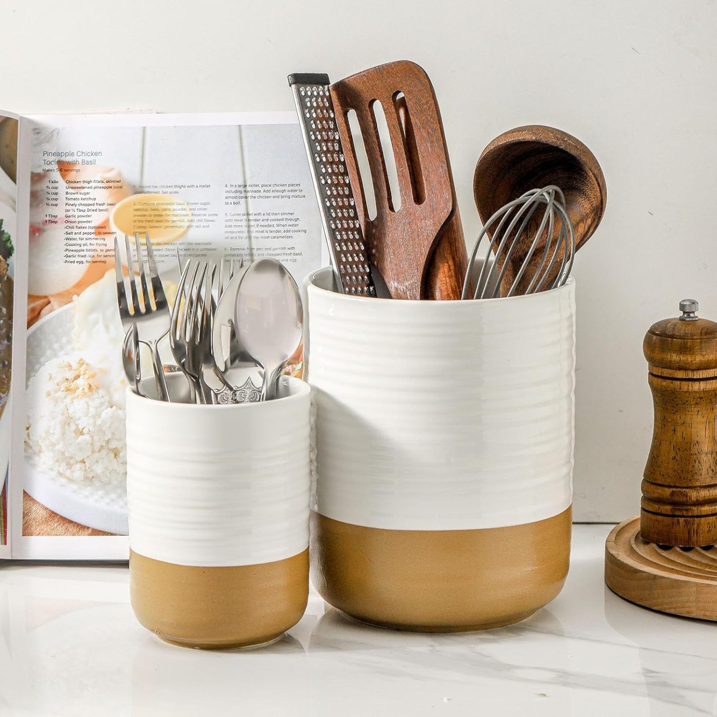 Ceramic Utensil Holder for Counter, 7.4"+5.5" Large Kitchen Utensil Organizer for Kitchen Utensil, White Cooking Utensil Crock to Hold Spatulas, Farmhouse Decor, Set of 2