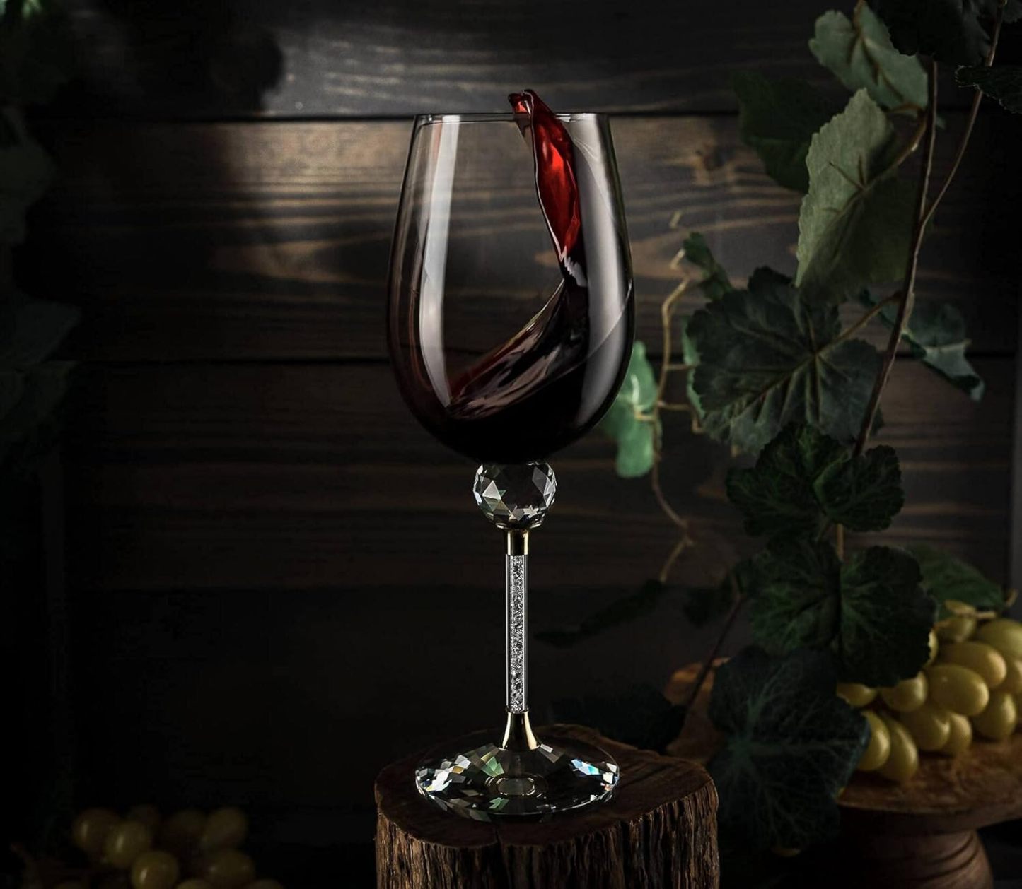 Diamond Studded Wine Glasses 16 Ounces - Set of 2 -Long Stem10-inches Tall, Gold and Laser Cut Sparkling Wine Wedding Glasses