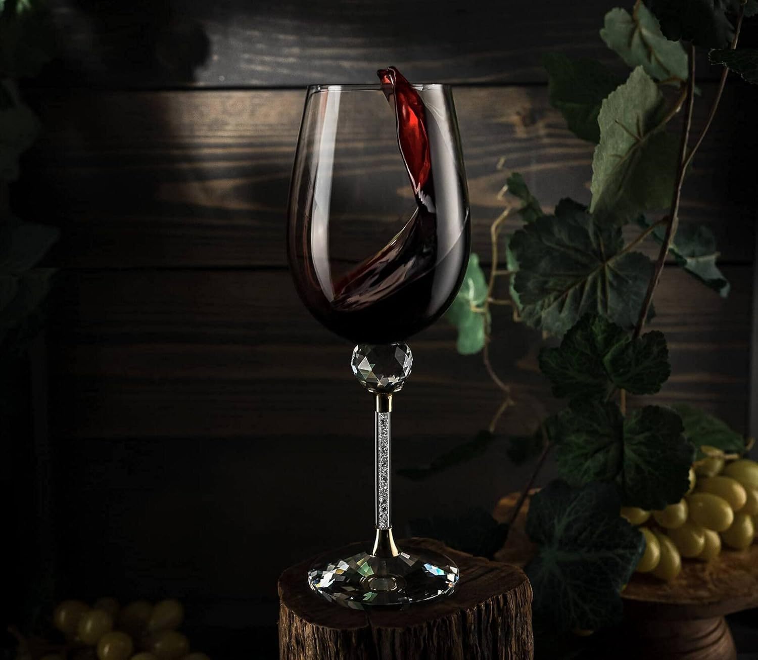 Diamond Studded Wine Glasses 16 Ounces - Set of 2 -Long Stem10-inches Tall, Gold and Laser Cut Sparkling Wine Wedding Glasses