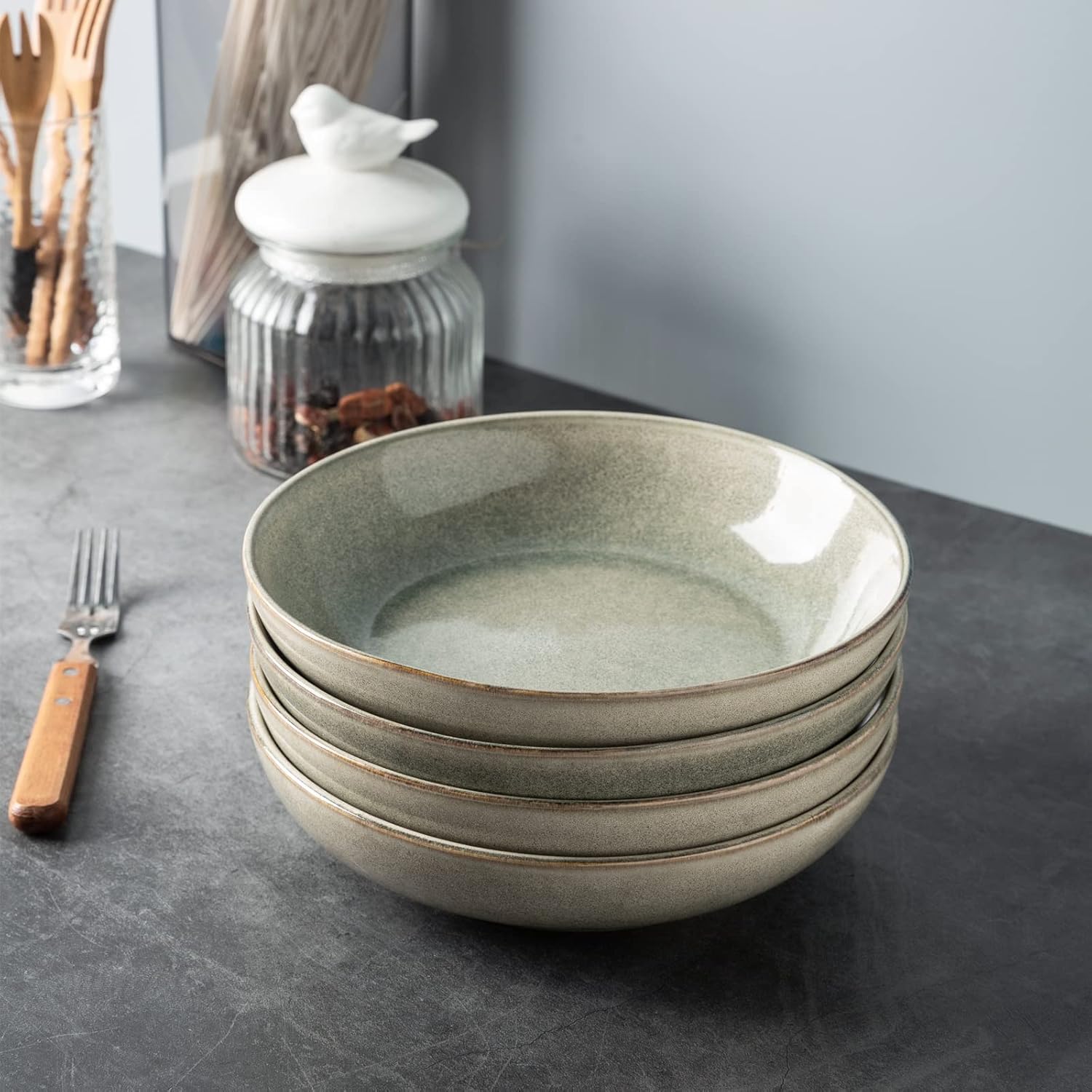 8.5'' Large Pasta Bowls, 36oz Stoneware Pasta Serving Bowls Set of 4 for Kitchen, Wide Bowls for Pasta,Salad,Oatmeal, Microwave Safe, Reactive Glaze