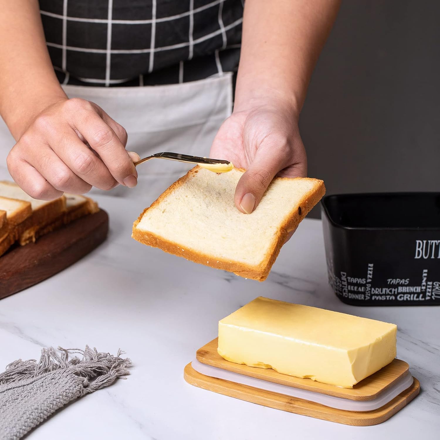 Farmhouse Butter Dish with Lid for Countertop, Butter Keeper & Holder, Butter Container for Fridge with Wooden Freshness Seal