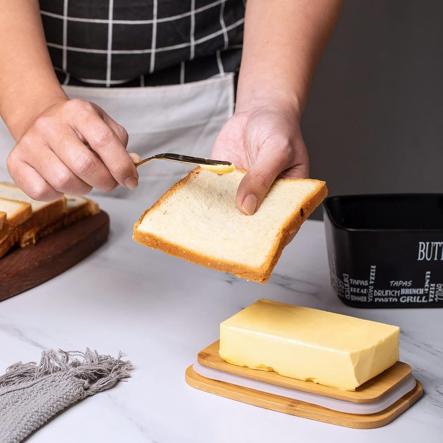 Farmhouse Butter Dish with Lid for Countertop, Butter Keeper & Holder, Butter Container for Fridge with Wooden Freshness Seal