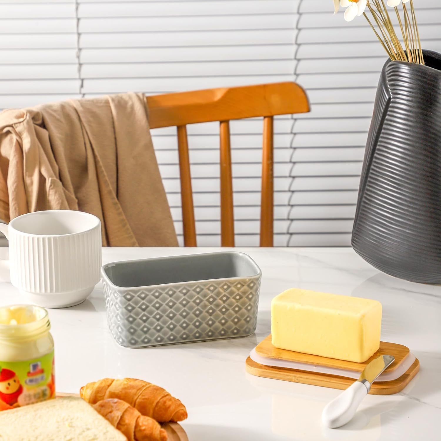 Ceramic Butter Dish with Wooden Lid, Large Butter Container for Countertop Airtight Butter Stick Covered Keeper