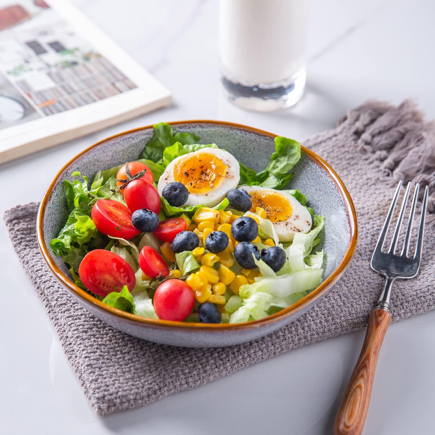 Ceramic Cereal Bowls Set of 6, 24 oz Handmade Stoneware Bowls Set for Cereal Soup Salad, Stylish Kitchen bowls for Meal, Dishwasher & Microwave Safe, Reactive Glaze Gray Blue