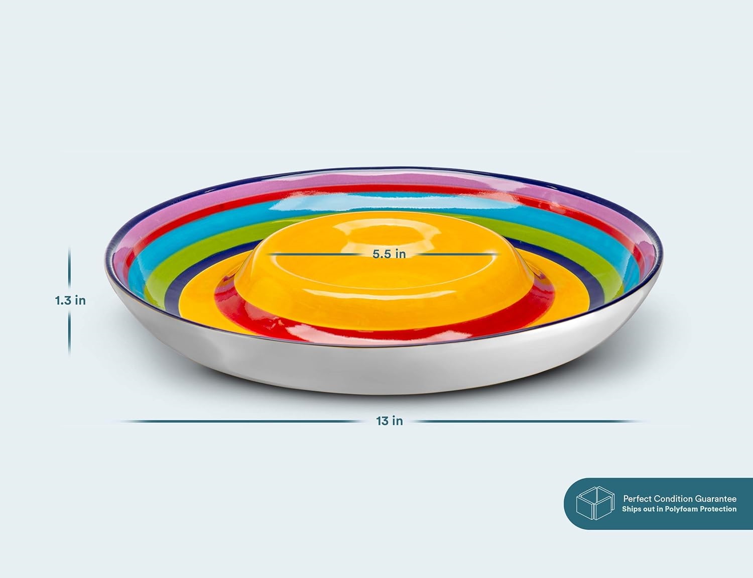 Ceramic Chip & Dip Platter, Large Divided Serving Dish for Parties, Round Tray for Snacks and Appetizers, with Bowl for Dips, Dishwasher Safe, Hand-painted, Multicolor, Tinga Collection, 13 Inch