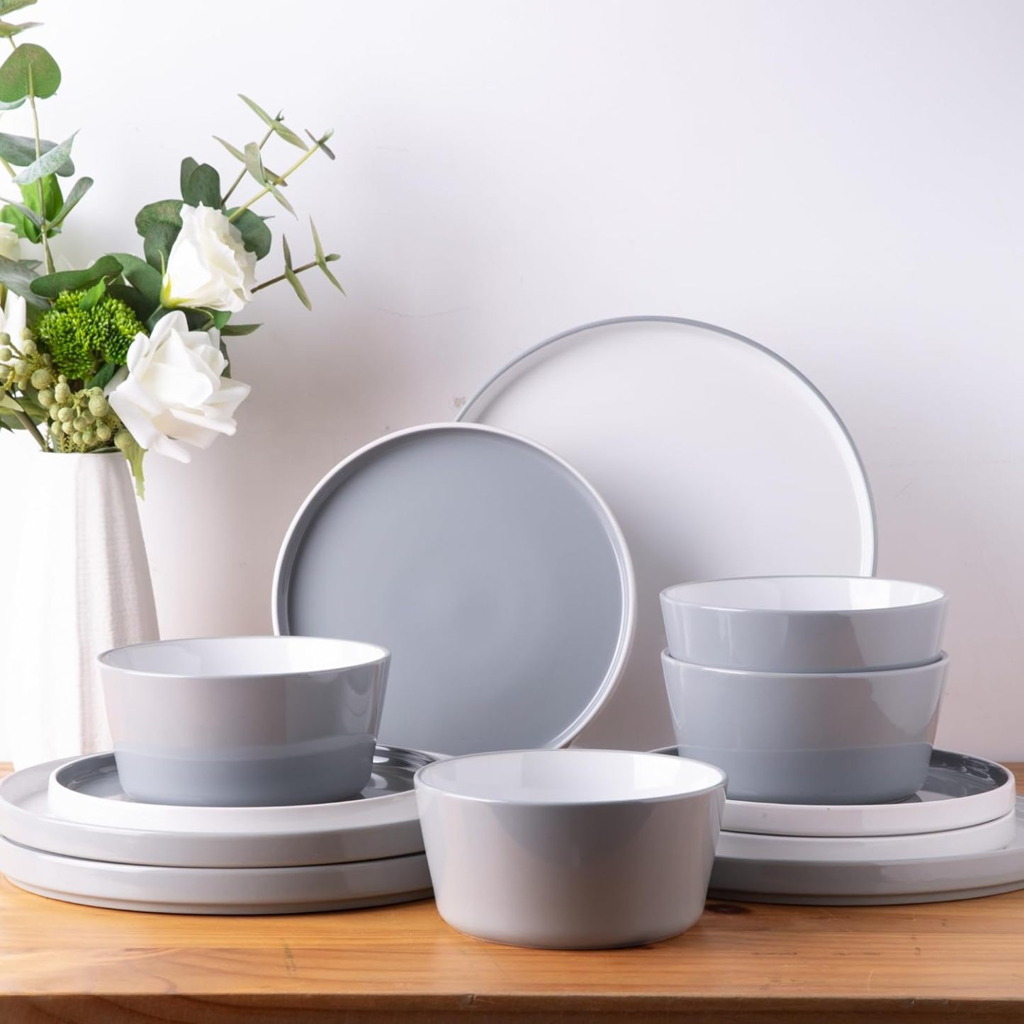 Dinnerware Sets for 4, 12 Piece Stoneware Plates and Bowls Set, Chip and Crack Resistant Plates Set, Dishwasher & Microwave Safe Ceramic Dishes Set - (Grey and White, Service for 4)