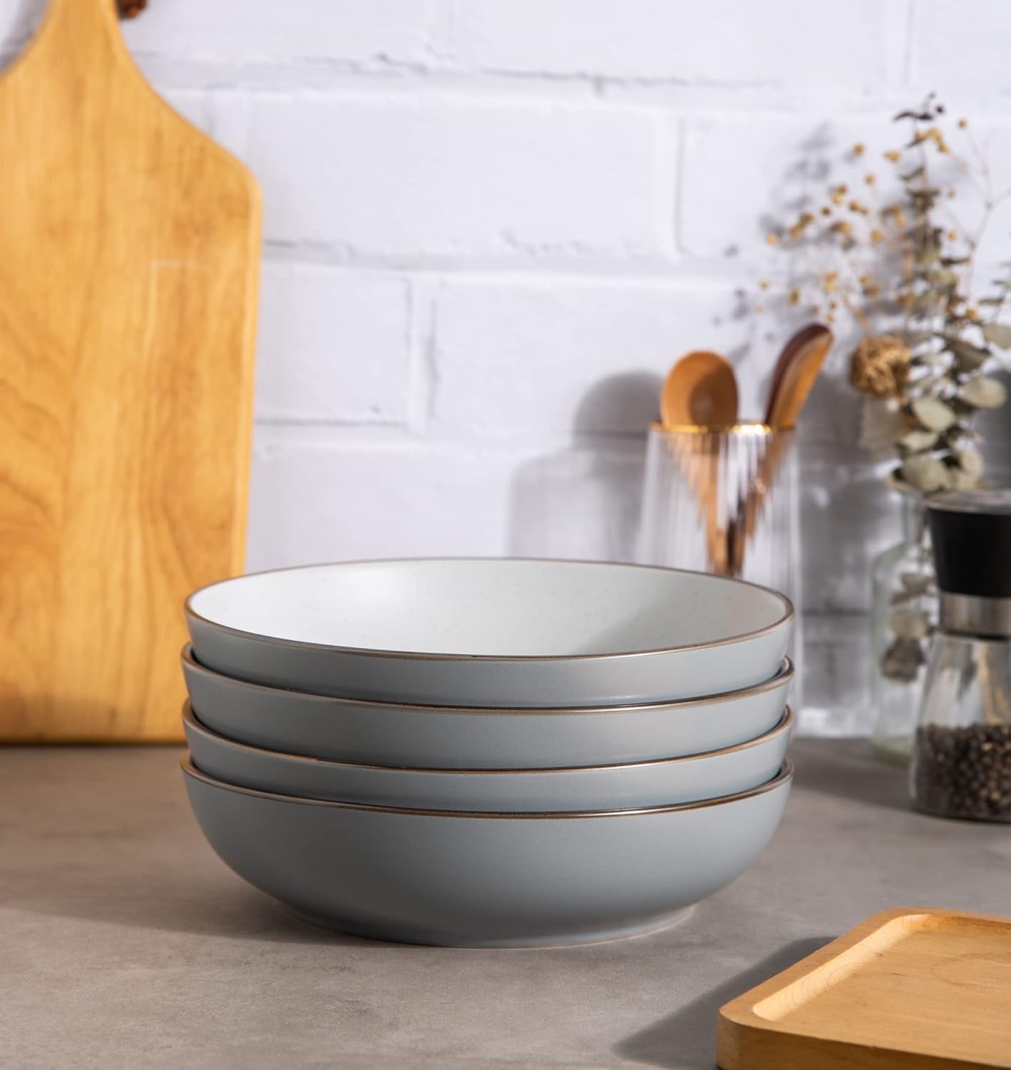 8.5'' Stoneware Pasta Bowls, 32oz Large Speckled Bowls Set of 4 for Kitchen, Wide & Flat Bowls for Pasta,Salad,Oatmeal, Microwave&Dishwasher Safe, Matte Gray