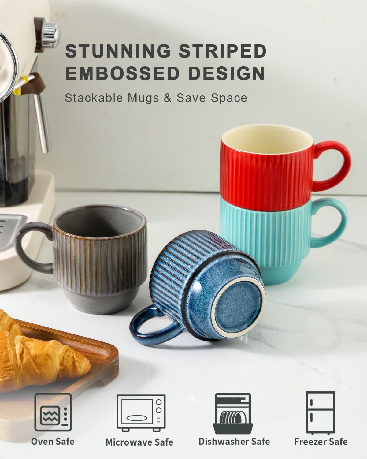 Coffee Mug Set of 4 with Holder - 12 oz Stackable Large Ceramic Ribbed Latte Cup Set for Cappuccino