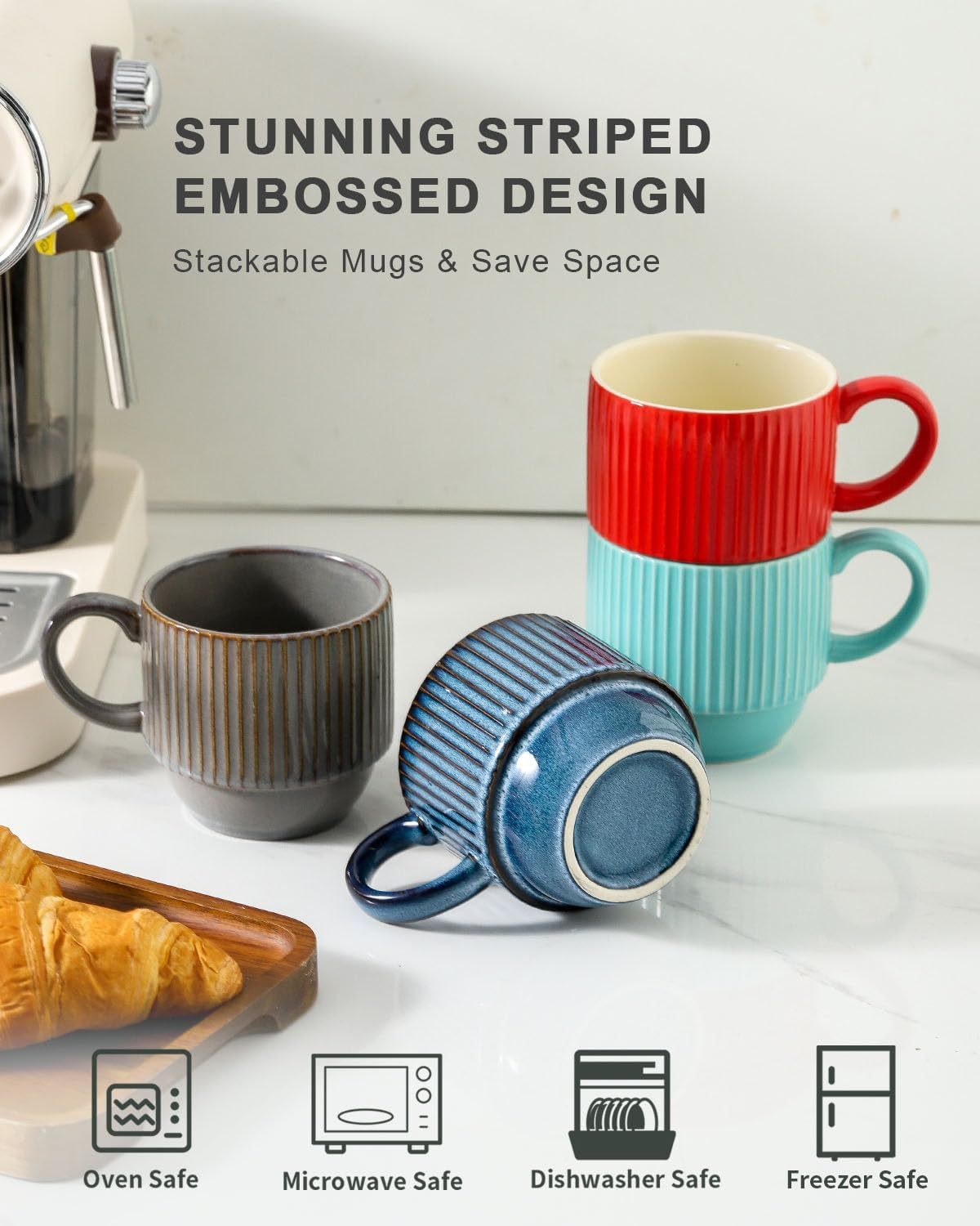 Coffee Mug Set of 4 with Holder - 12 oz Stackable Large Ceramic Ribbed Latte Cup Set for Cappuccino