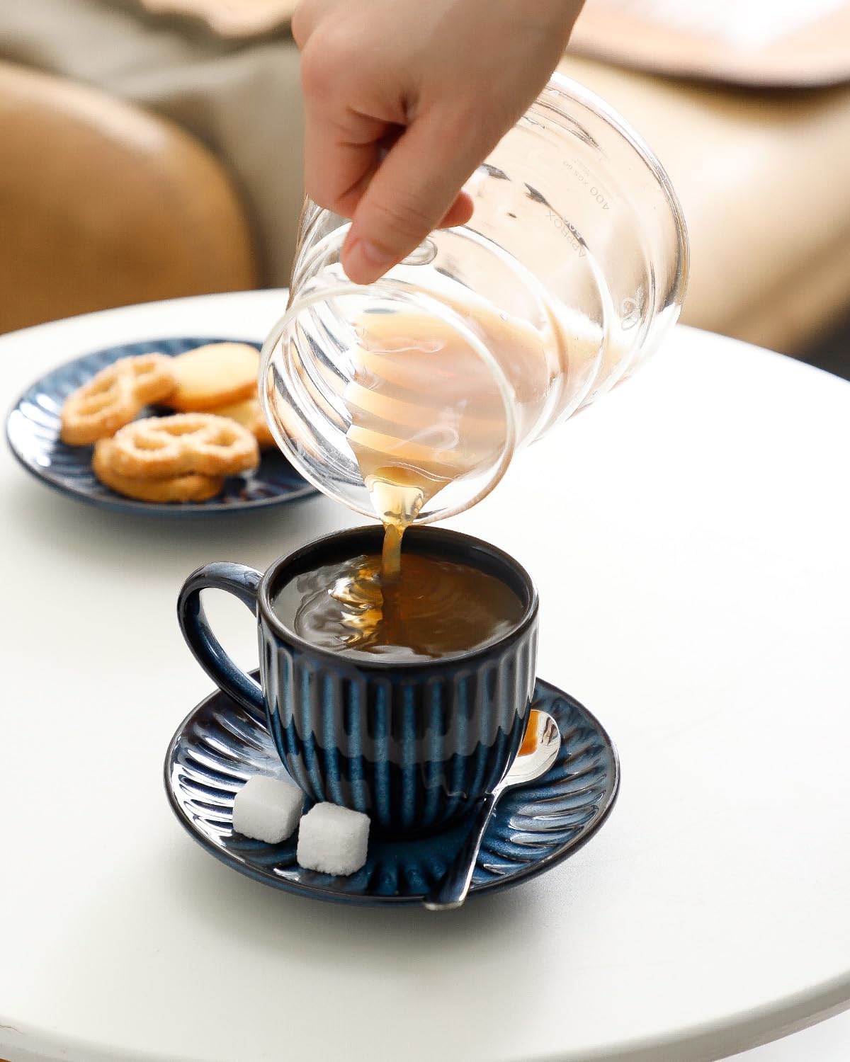 6 Oz Cappuccino Cups with Saucers Set, Ceramic Ribbed Coffee Cup Set of 6 for Coffee,Tea,Latte and Mocha, Aesthetic Gift for Anniversary or Holiday, Blue