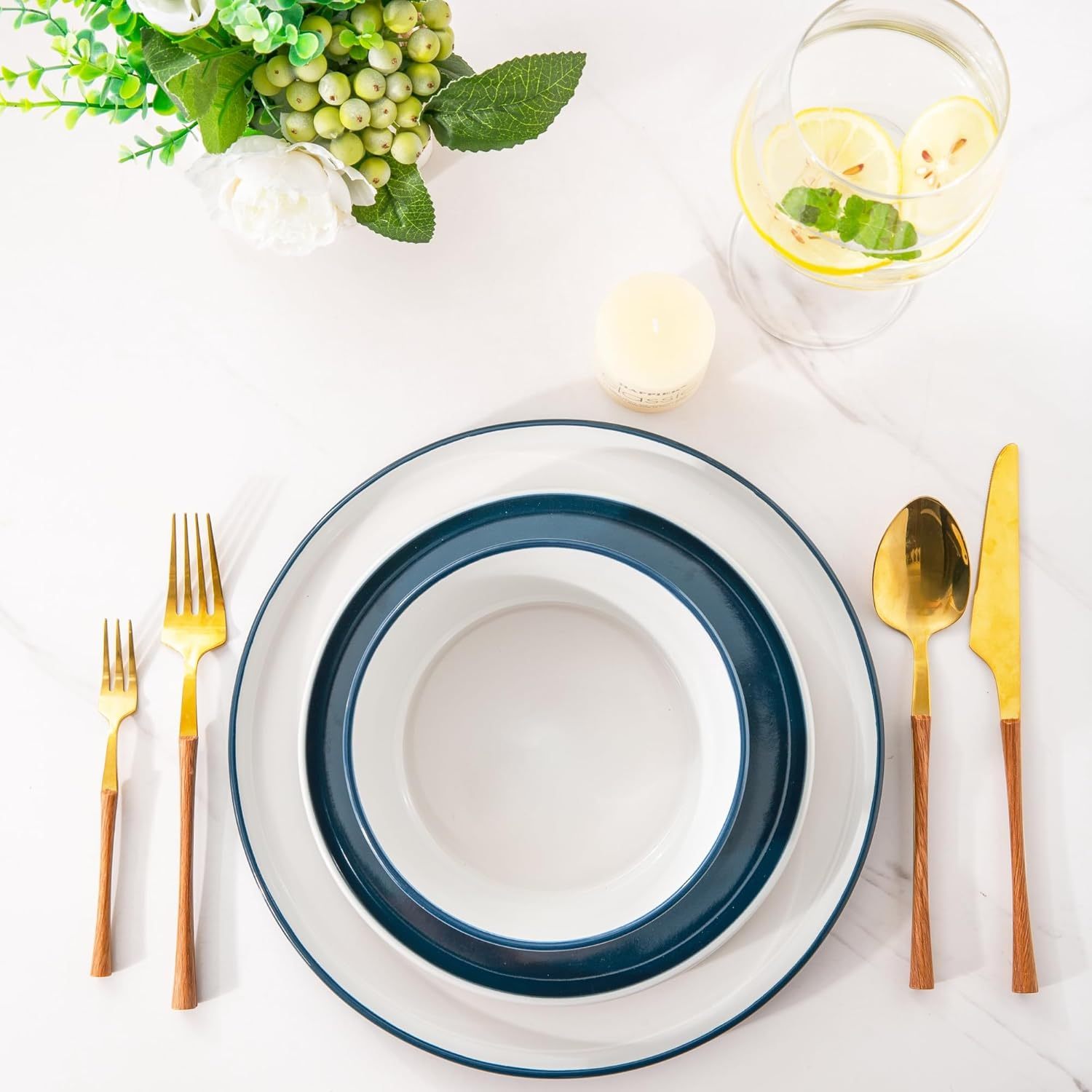 Dinnerware Sets for 4, 12 Piece Stoneware Plates and Bowls Set, Chip and Crack Resistant Plates Set, Dishwasher & Microwave Safe Ceramic Dishes Set - (Blue and White, Service for 4)