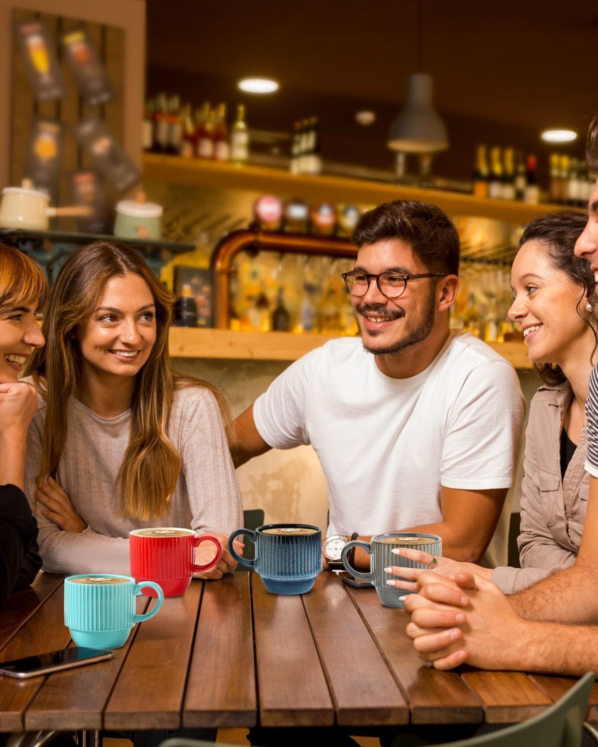 Coffee Mug Set of 4 with Holder - 12 oz Stackable Large Ceramic Ribbed Latte Cup Set for Cappuccino