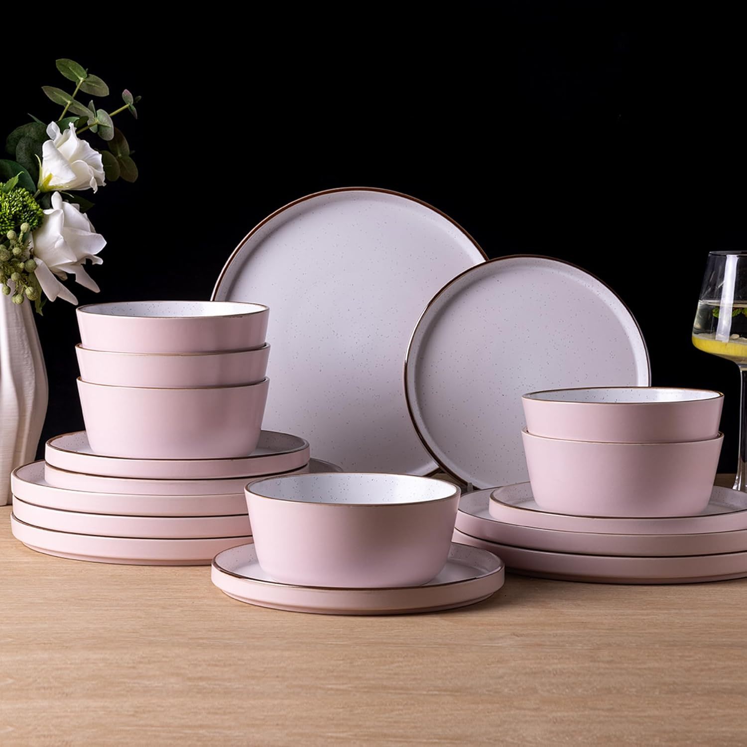 Dinnerware Set for 4, 12 Pieces Ceramic Plates and Bowls Set, Handcrafted Speckled Stoneware Plates Set, Dishwasher & Microwave Safe Dishes Set - (Pink, Service for 4)