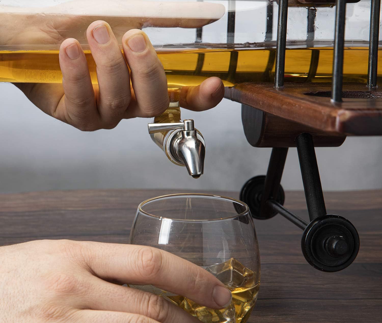 Whiskey & Wine Decanter Airplane Set and Glasses Antique Wood Airplane - The Wine Savant Whiskey Gift Set and 2 Airplane Glasses