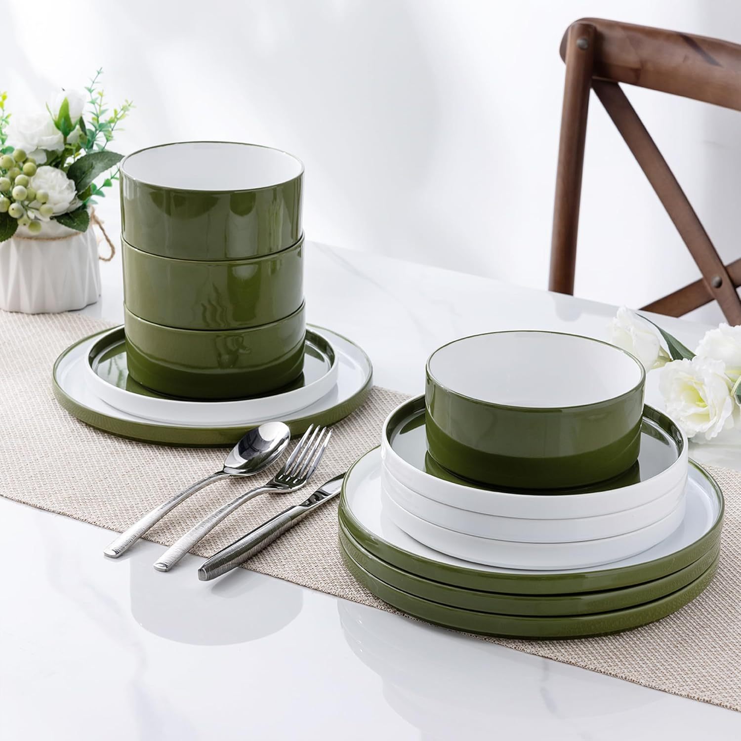 Ceramic Dinnerware Sets for 4, Modern Stoneware Plates and Bowls Sets,Chip and Crack Resistant | Dishwasher & Microwave Safe Ceramic Dishes Set,Service for 4 (12pc)-White&Green