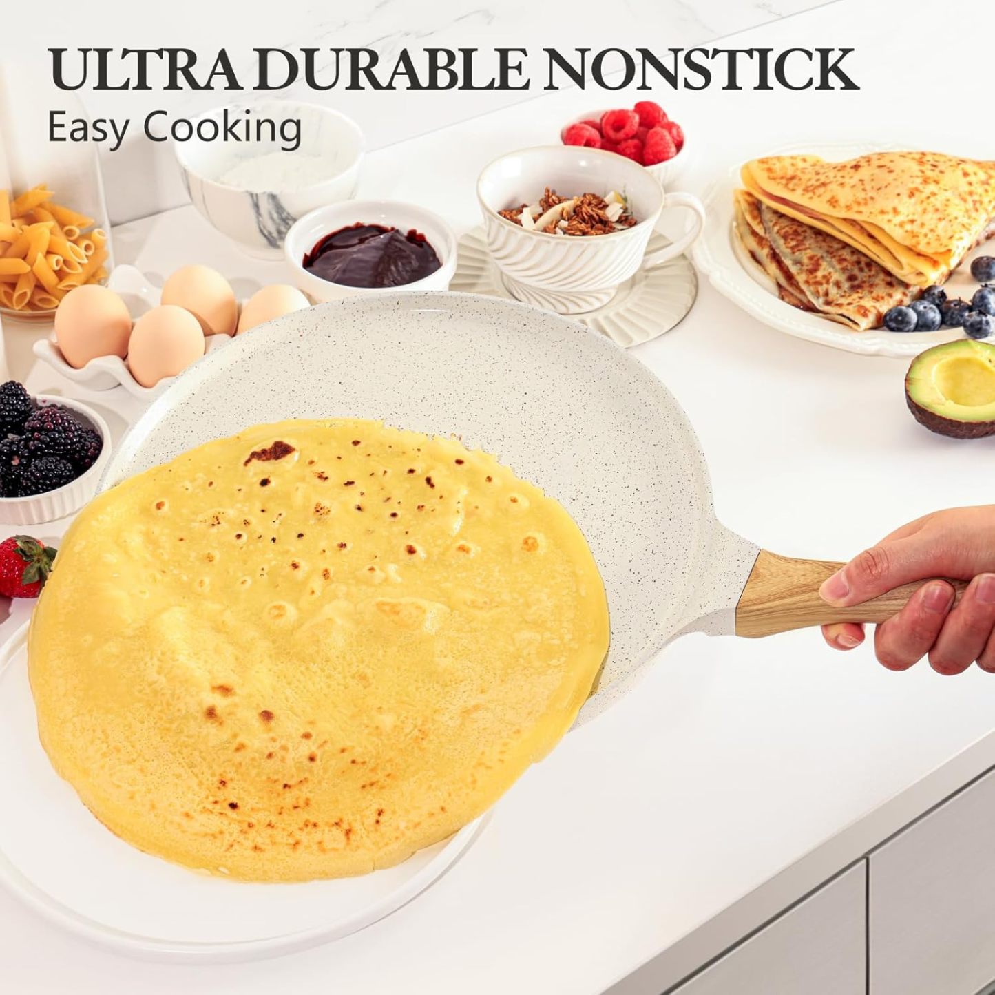 Nonstick Crepe Pan with Spreader, 12-Inch Natural Ceramic Coating Dosa Pan Pancake Flat Skillet Tawa Griddle with Stay-Cool Handle, Induction Compatible, PFOA Free (White)