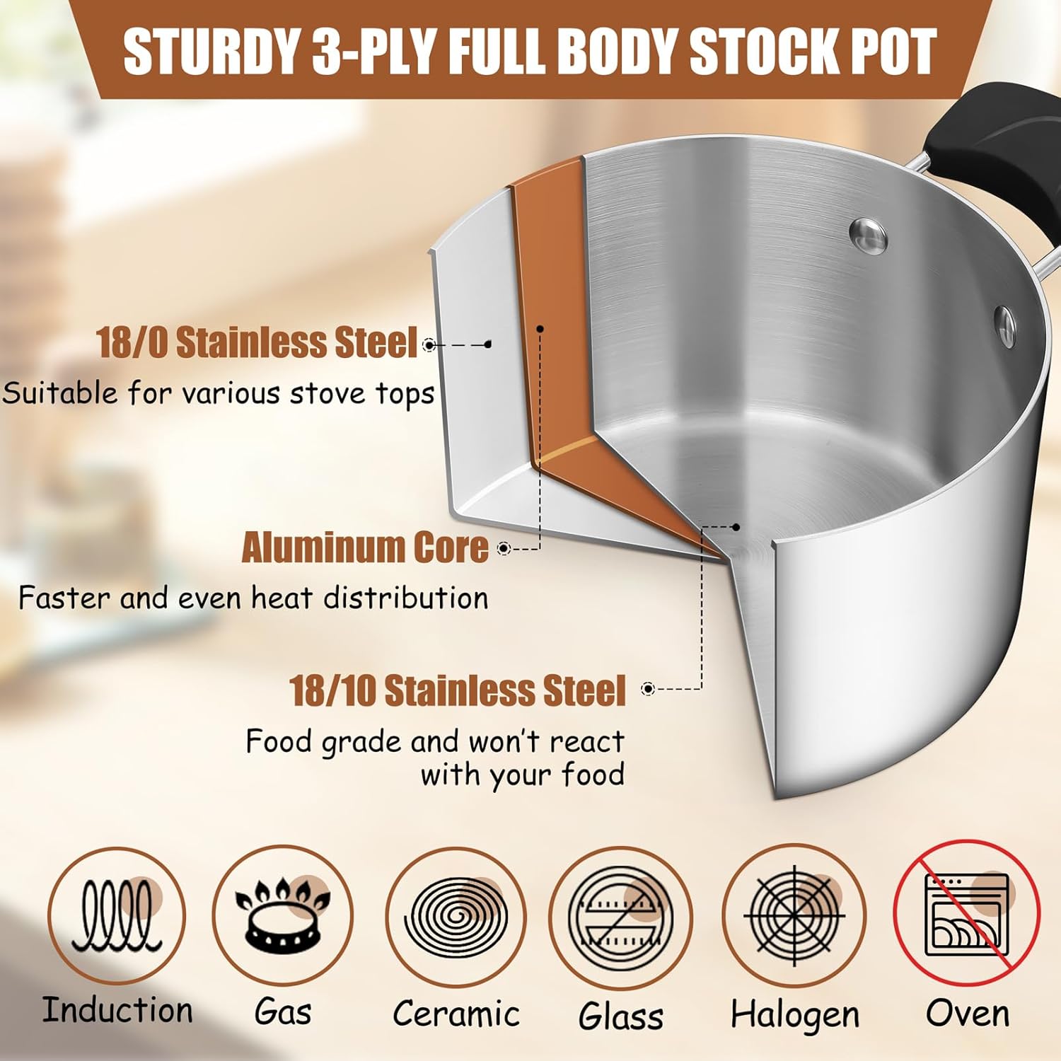 Stainless Steel Tri-ply Pasta Cooking Pot & Glass Lid with Heat-proof Handles, for Cooking Baking Boiling, Non-toxic & Heavy Duty, Various Stovetops & Dishwasher Safe