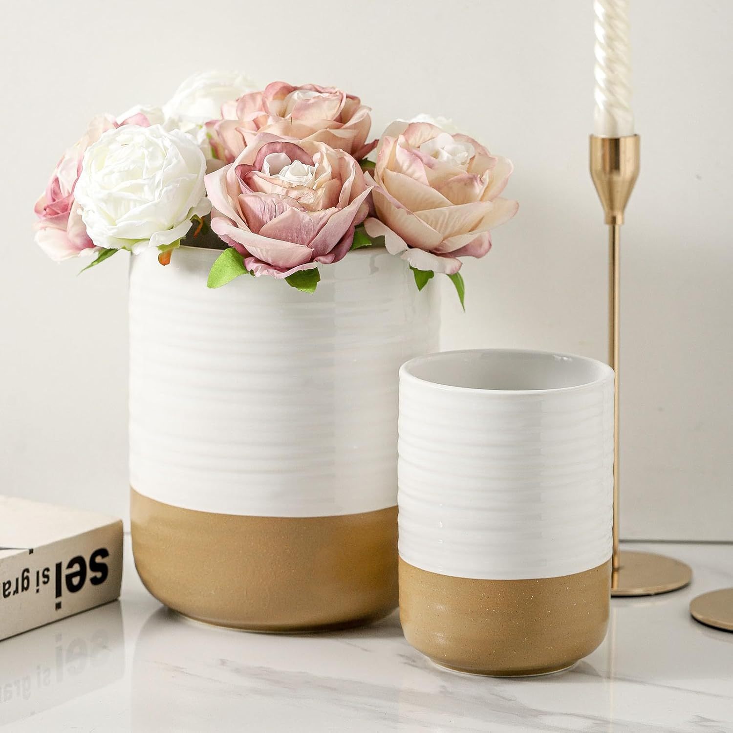 Ceramic Utensil Holder for Counter, 7.4"+5.5" Large Kitchen Utensil Organizer for Kitchen Utensil, White Cooking Utensil Crock to Hold Spatulas, Farmhouse Decor, Set of 2