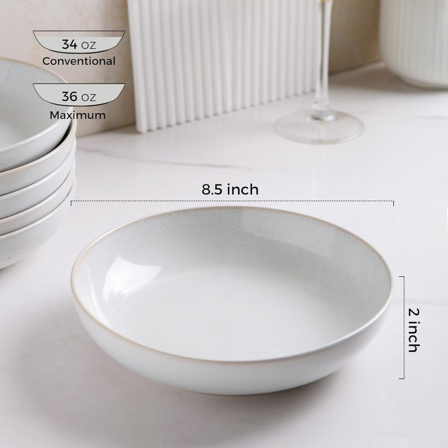 8.5'' Large Ceramic Pasta Bowls, 36oz Stoneware Pasta Serving Bowls Set of 6 for Kitchen, Wide Bowls for Pasta,Salad,Oatmeal, Microwave Safe, Reactive-Color