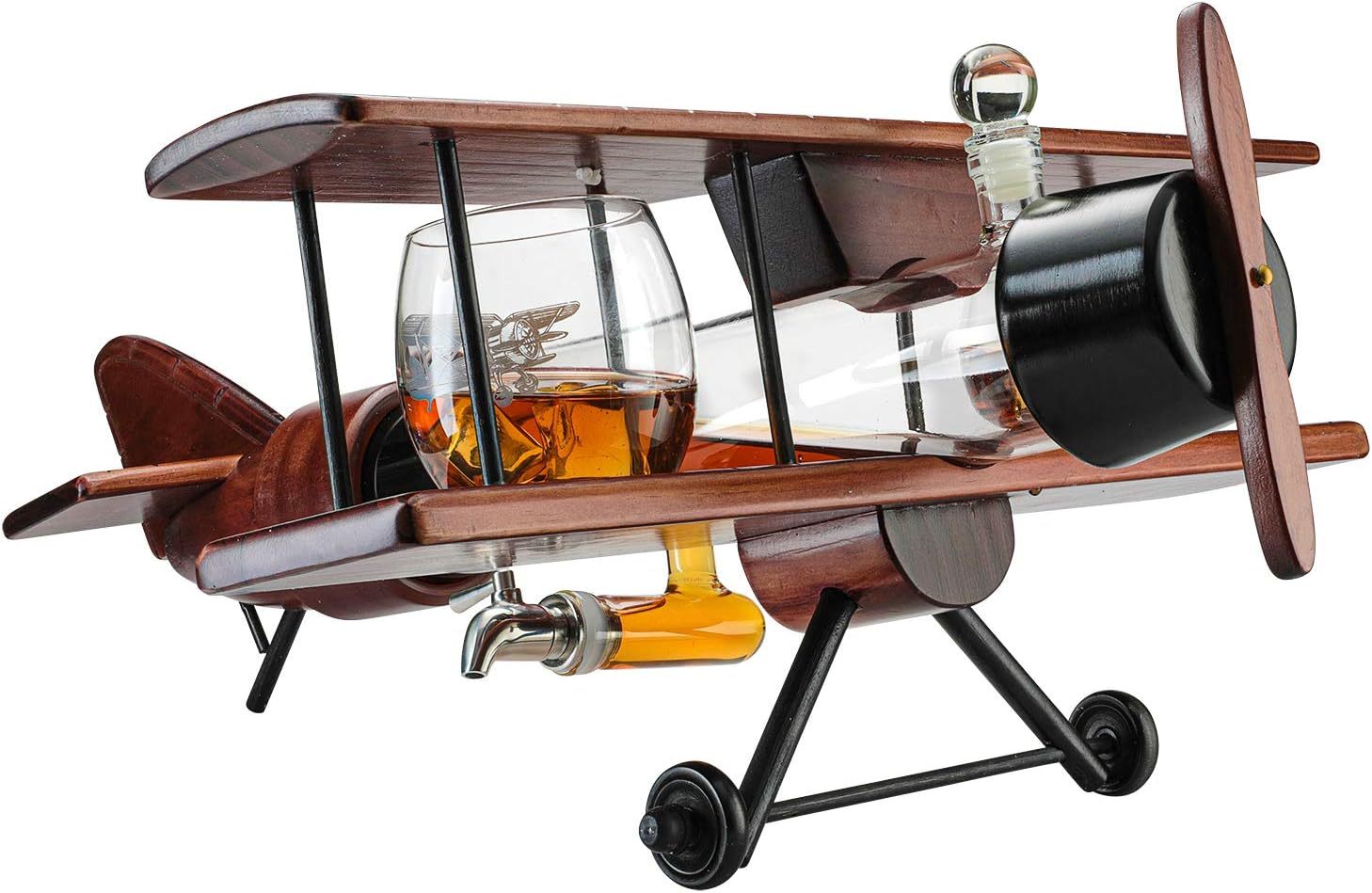 Whiskey & Wine Decanter Airplane Set and Glasses Antique Wood Airplane - The Wine Savant Whiskey Gift Set and 2 Airplane Glasses