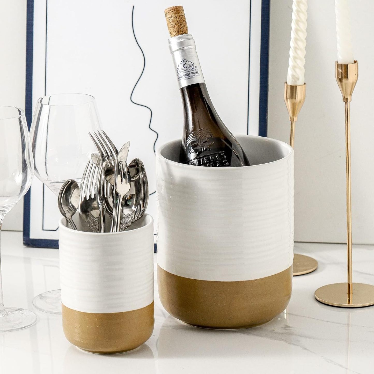 Ceramic Utensil Holder for Counter, 7.4"+5.5" Large Kitchen Utensil Organizer for Kitchen Utensil, White Cooking Utensil Crock to Hold Spatulas, Farmhouse Decor, Set of 2