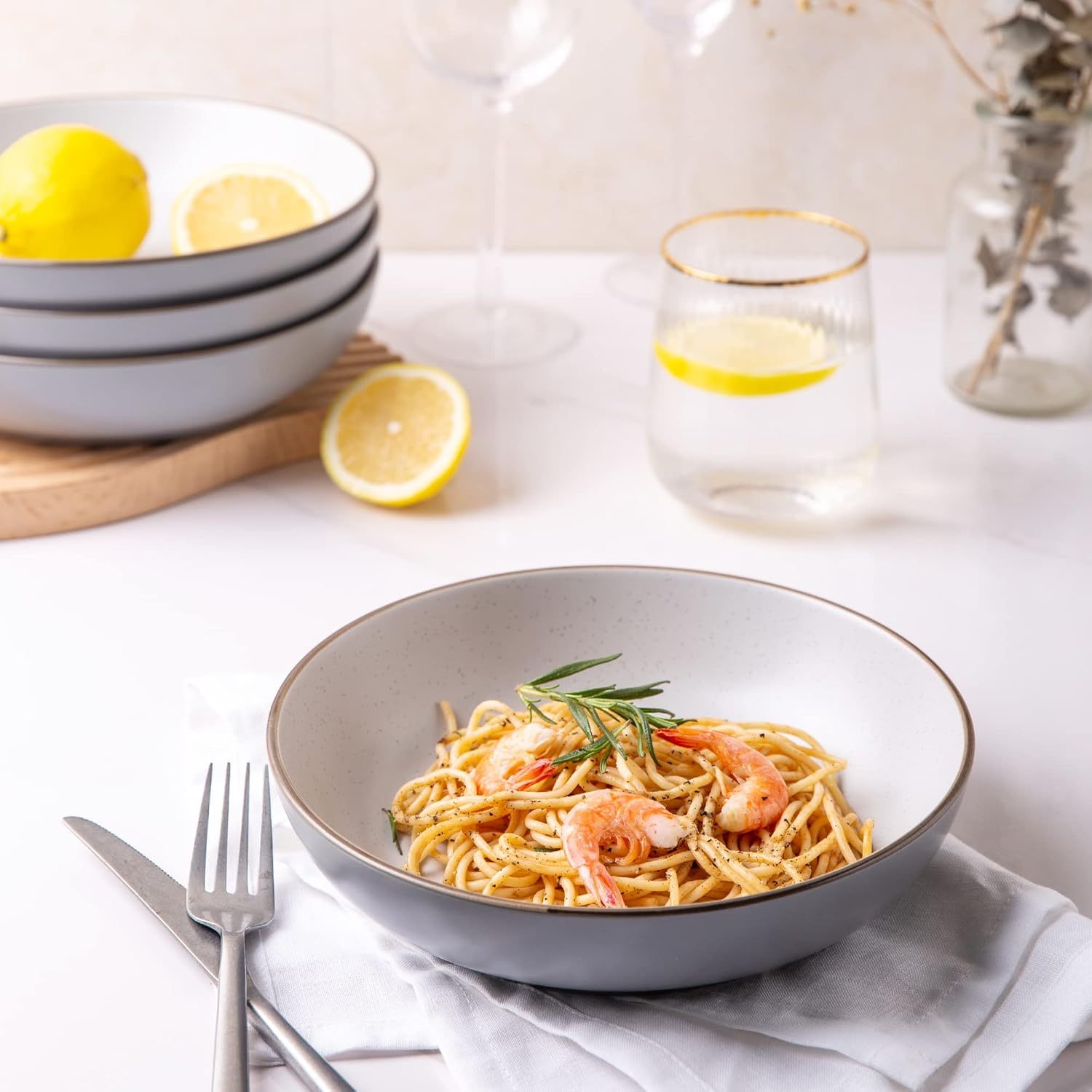 8.5'' Stoneware Pasta Bowls, 32oz Large Speckled Bowls Set of 4 for Kitchen, Wide & Flat Bowls for Pasta,Salad,Oatmeal, Microwave&Dishwasher Safe, Matte Gray