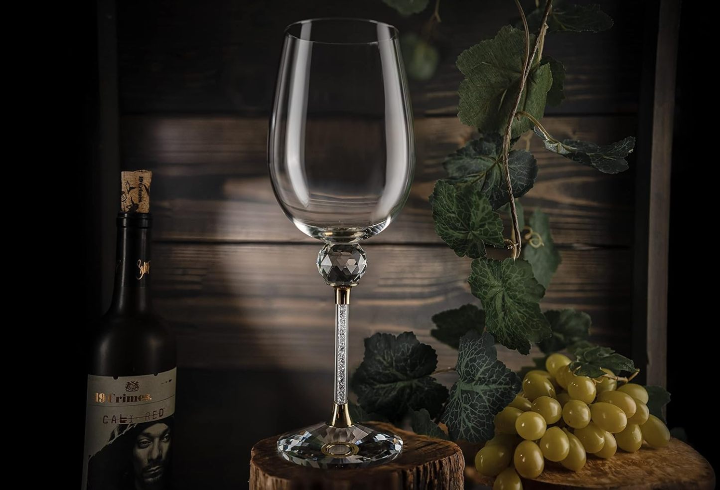 Diamond Studded Wine Glasses 16 Ounces - Set of 2 -Long Stem10-inches Tall, Gold and Laser Cut Sparkling Wine Wedding Glasses