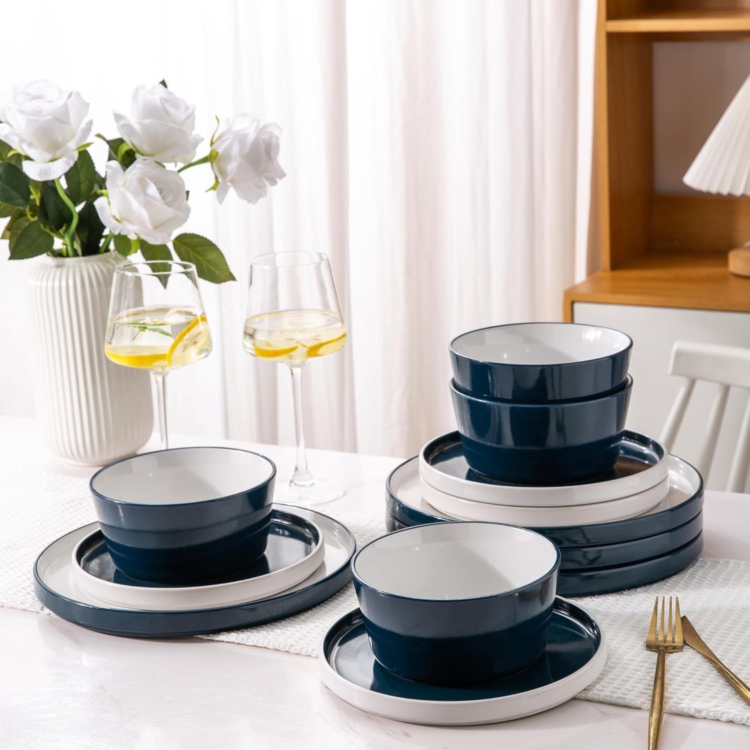 Dinnerware Sets for 4, 12 Piece Stoneware Plates and Bowls Set, Chip and Crack Resistant Plates Set, Dishwasher & Microwave Safe Ceramic Dishes Set - (Blue and White, Service for 4)