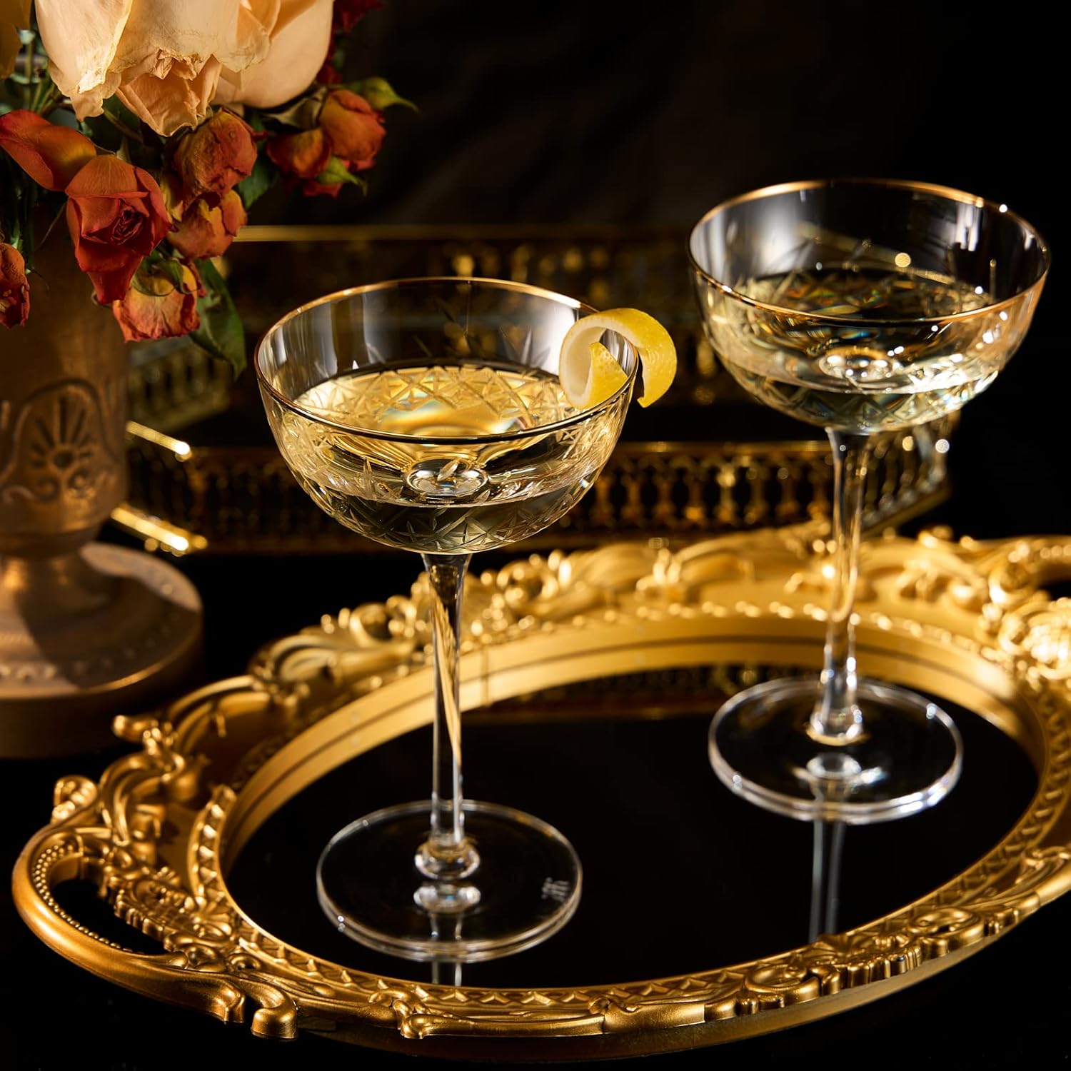 Vintage Art Deco Luxury Coupe Glasses, Cocktails, Martini, Margarita, In Premium Gift Box 24K Gold Rim | Set of 2