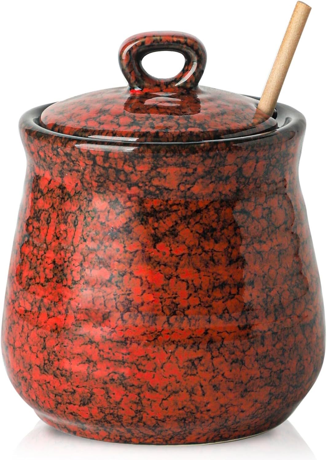 Ceramic Honey Jar and Dipper Set, 12 Ounce Honey Pot with Lid and Wooden Dipper, Porcelain Honey Dipper Stick and Jar Set