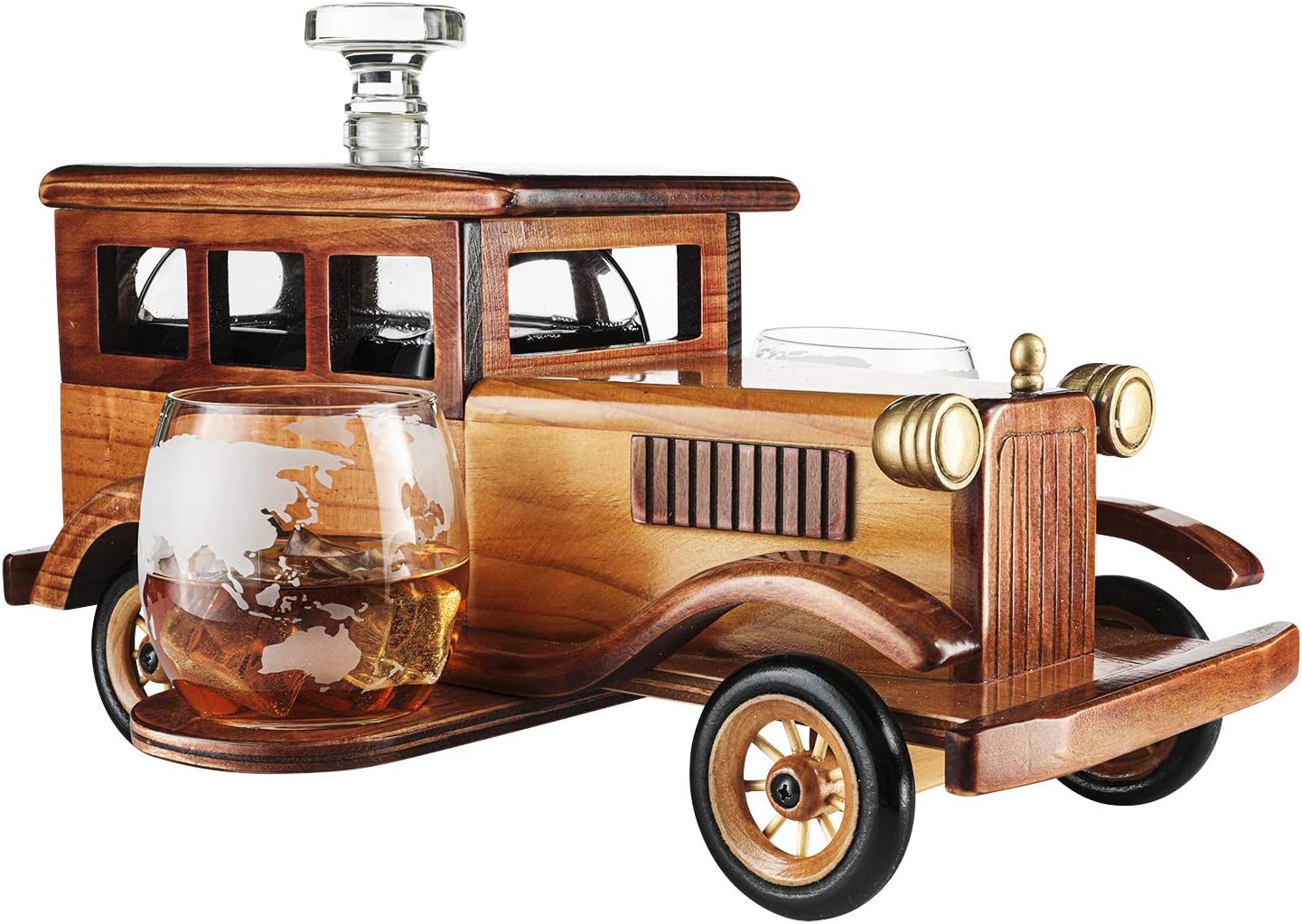 Old Fashioned Car Whiskey Decanter Set, Very Large 15" x 13" x 7" 750ml Decanter Spigot, and 2-10oz Whiskey Tumbler Old Fashion Glasses